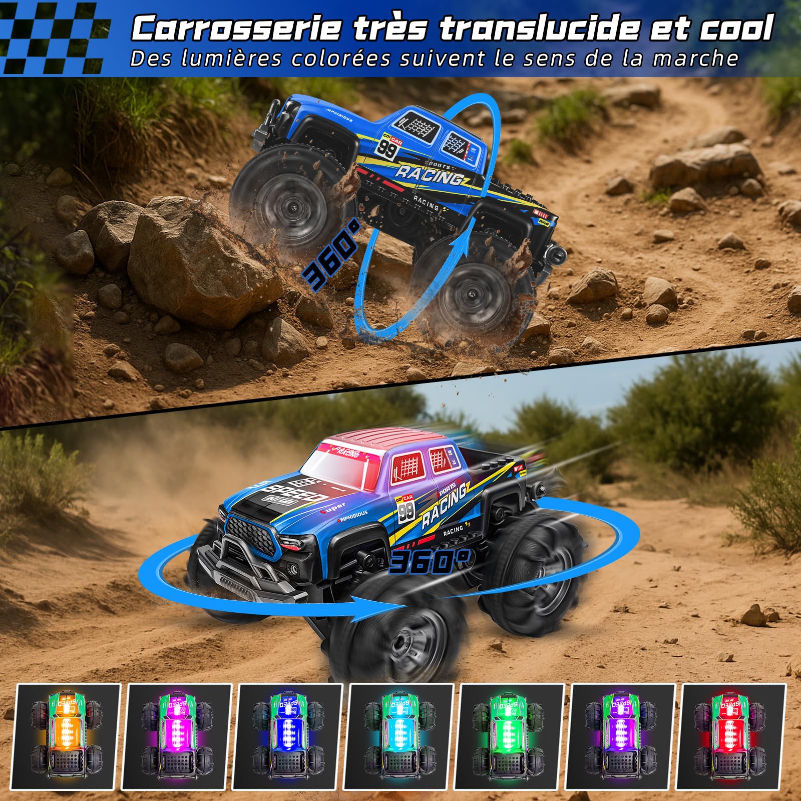 Charmofun Voiture Télécommandée Tout Terrain Amphibie, 4WD Voiture Stunt Tout-Terrain avec Lumières LED et 2 Batteries, 2,4 GHz Monster Truck Télécommandé Cadeau pour Enfant 6-12 Ans