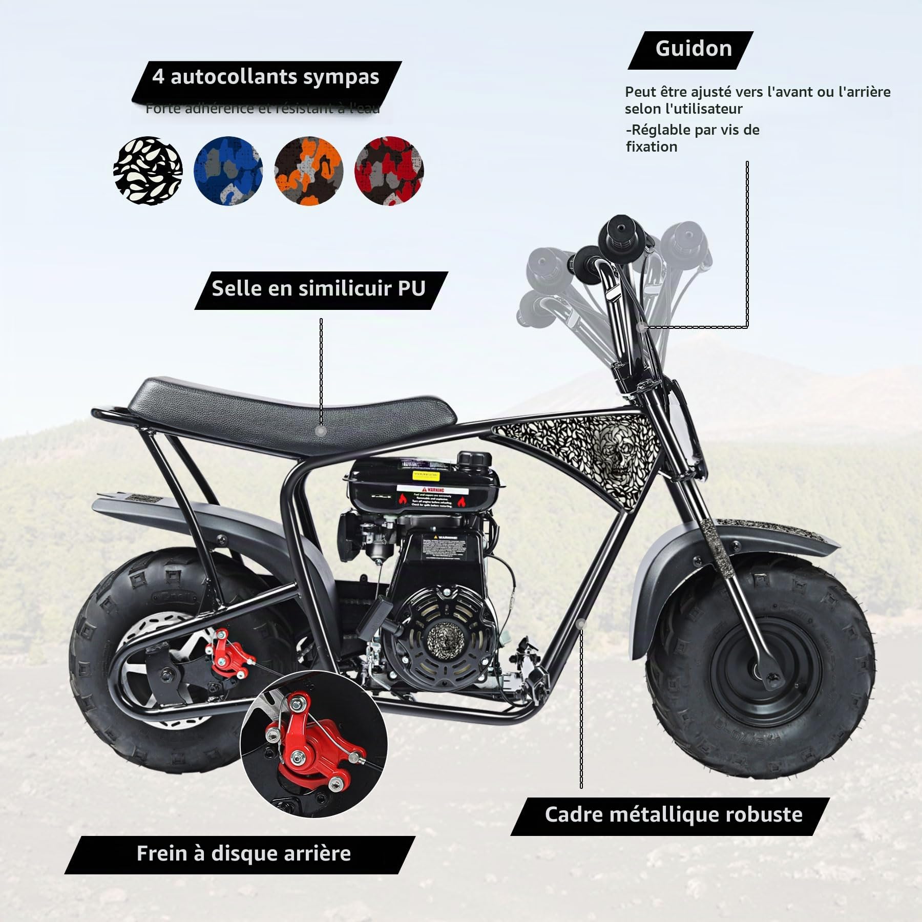 ORYXEARTH 105CC Mini Moto 4 Temps Pocket Bike Dirt Bike, Moto Cross Enfant, Benzin Haute Performance, Pneus Larges Tout-Terrain, Motocross, Autocollants DIY à Partir de 13 Ans (Crâne)