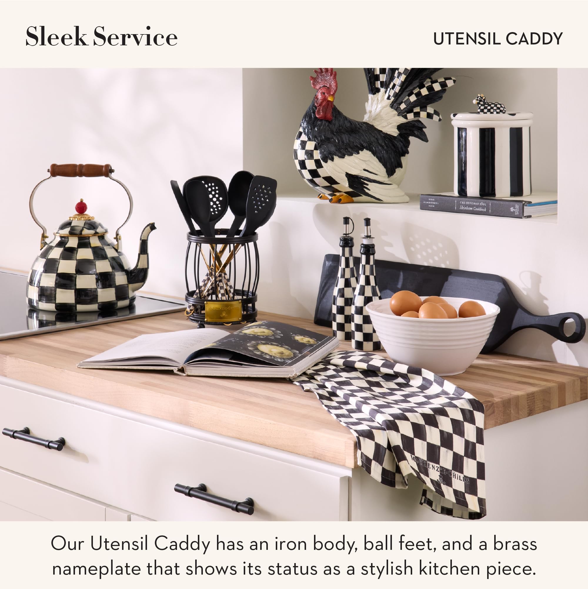 MACKENZIE-CHILDS Utensil Caddy | Sturdy cutlery organizer made from coated carbon steel with brass logo plate 6 dia. x 7 H product thumbnail 4