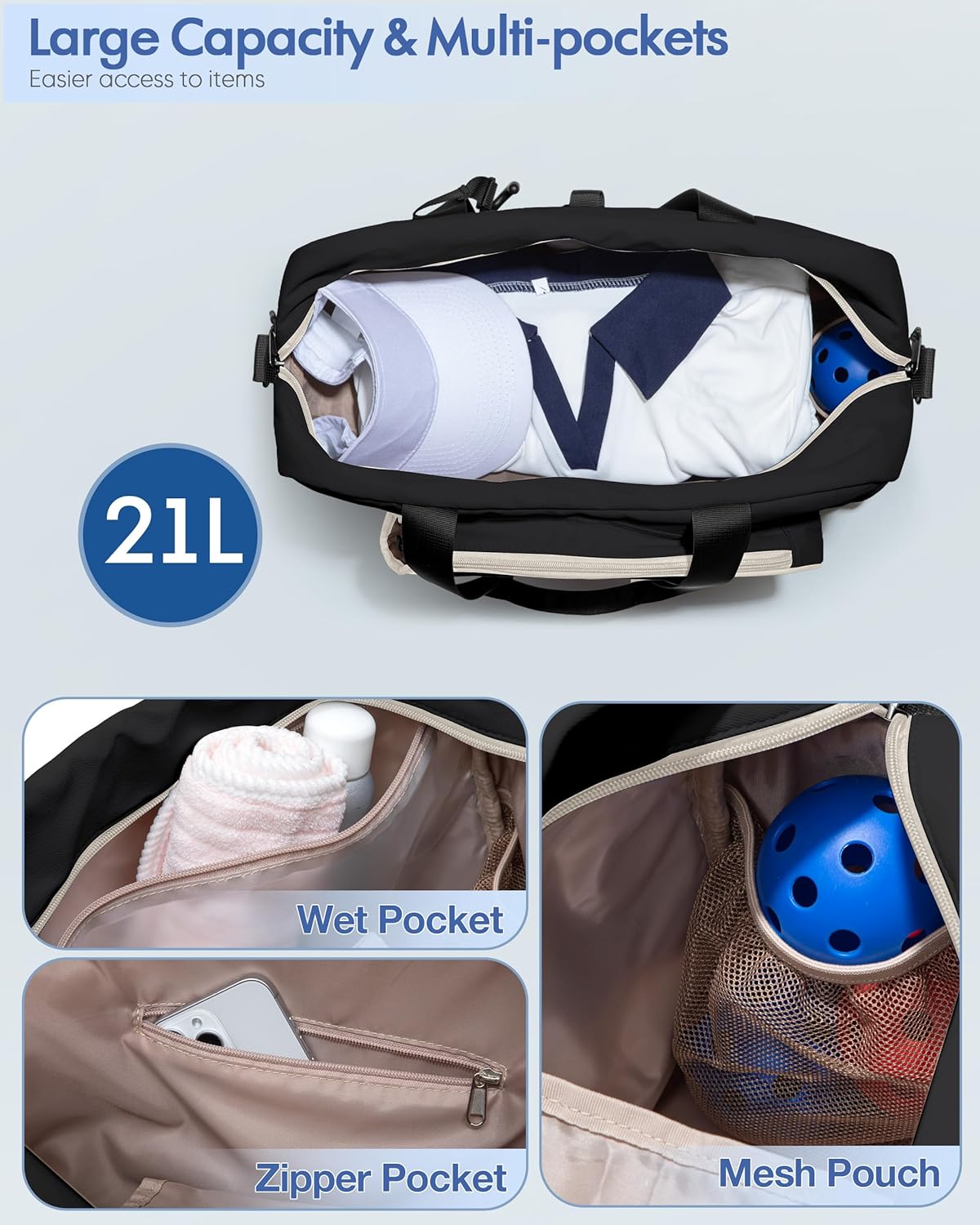 Pickleball Tote Bag for Women with Exterior Paddle Pocket and Separate Shoe Compartment, Pickleball Bags with Wet Pocket and Detachable Strap - Image 3