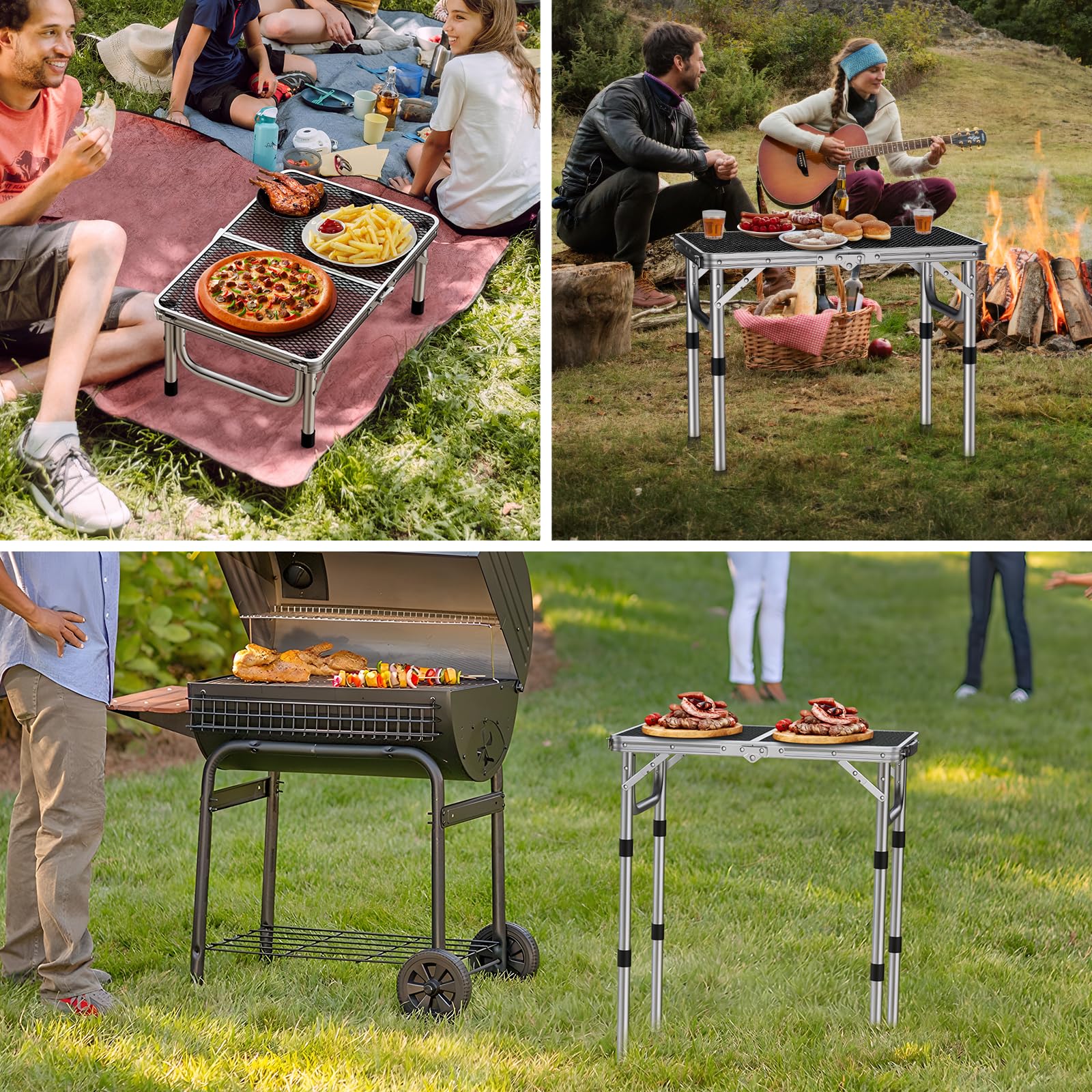 Anbte Campingtisch Grilltisch 58x40cm Metallgitter Tischplatte mit 3 Verstellbare Höhe 26/48/70cm Aluminium Rahmen Klapptisch Tragbar Picknicktisch für BBQ Garten Party Balkon (Silber)