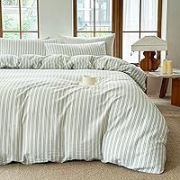 Vista 16 de Juego de funda de edredón a rayas 100% algodón lavado similar al lino suave al tacto transpirable (rayas-beige/blanco, individual)