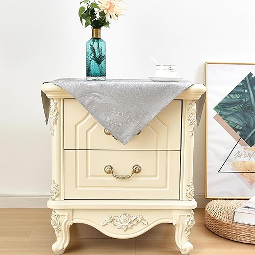 Miniatura 2 de Paquete de 2 manteles cuadrados pequeños de jacquard de 24 x 24 pulgadas, color gris brillante, hojas de campo, patrones de damasco, mesita de