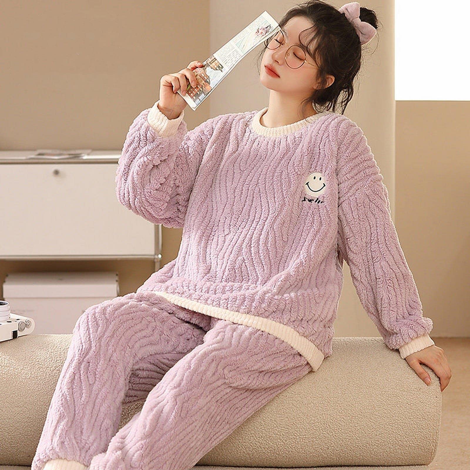 TOBILE Pijama de franela de invierno para mujer, conjunto de pijama de felpa jacquard cálido grueso para el hogar, pantalones de dos piezas, pijama 9904, M