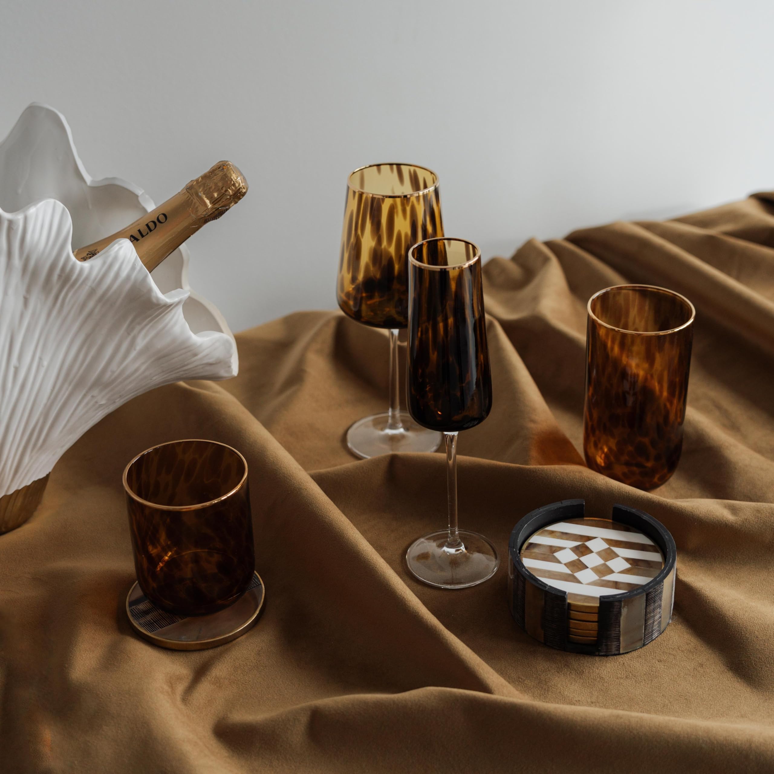 Kare Design Sektglas Caramel, Gläser-Set, 4-teilig, Braun, 210ml, Glas mit Goldrand und geflecktem Muster, Eleganter Champagnerkelch, Modernes Glas für Sekt & Prosecco