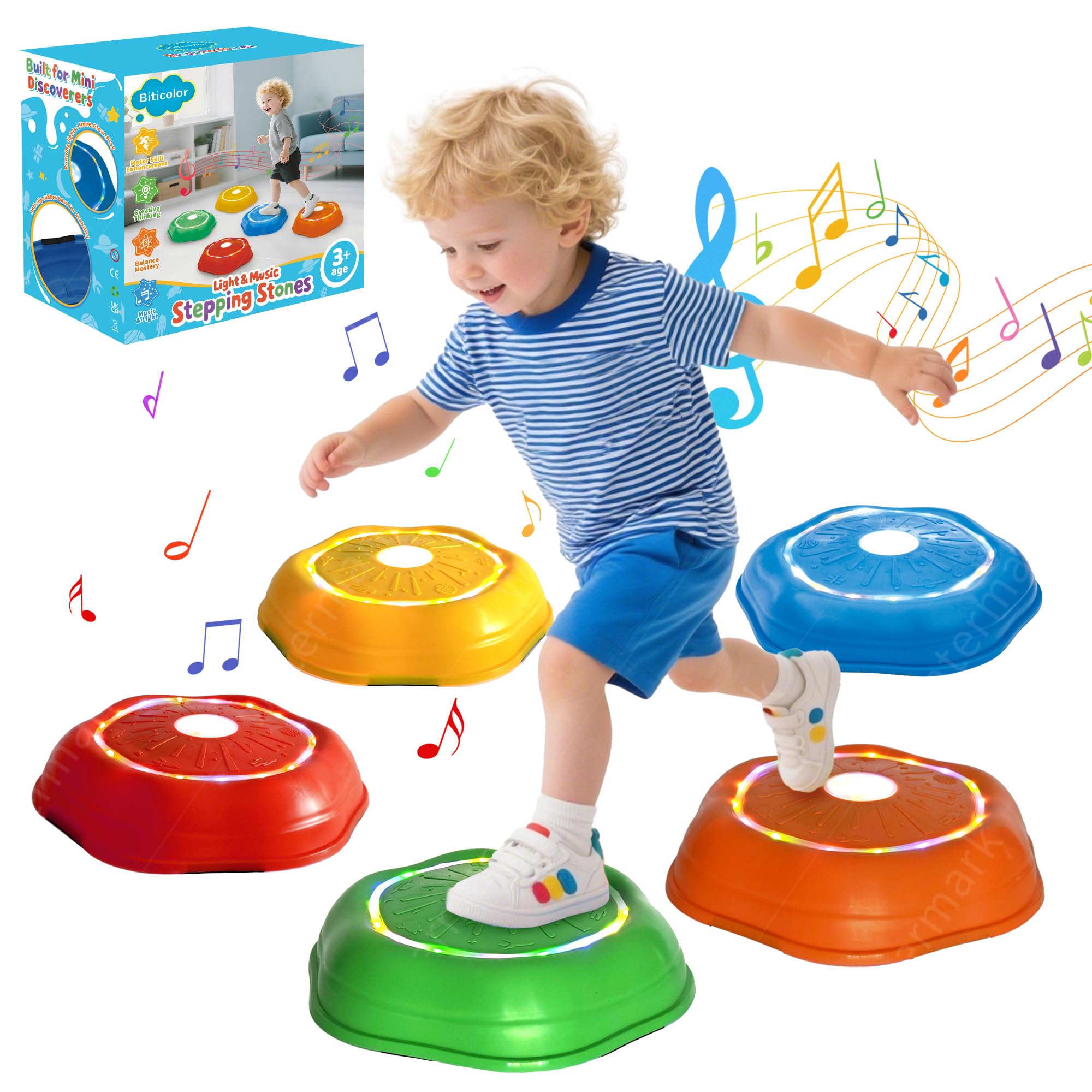Lot de 5 pierres empilables pour enfants, avec lumière et musique, pierres d'équilibre, pour l'intérieur et l'extérieur, antidérapantes, empilables, pour la motricité et l'entraînement d'équilibre à