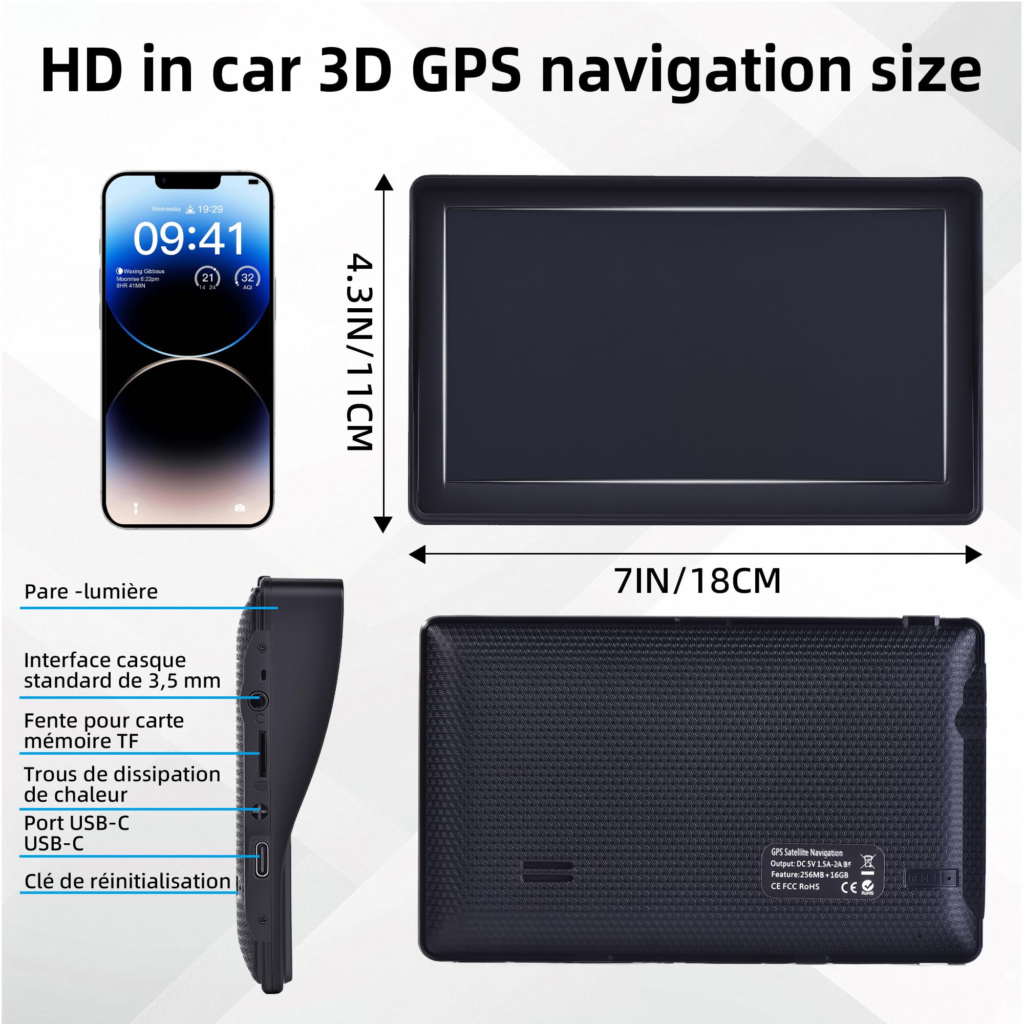 GPS Auto, Mappa dell'Europa 2025, 7 Pollici/18 CM, Navigazione Offline, Aggiornamenti gratuiti, Voci reali, Avviso Velocità & Poi, Francese Regolabile, per GPS Pesi Pesanti/Camping-Car/Camion,3D