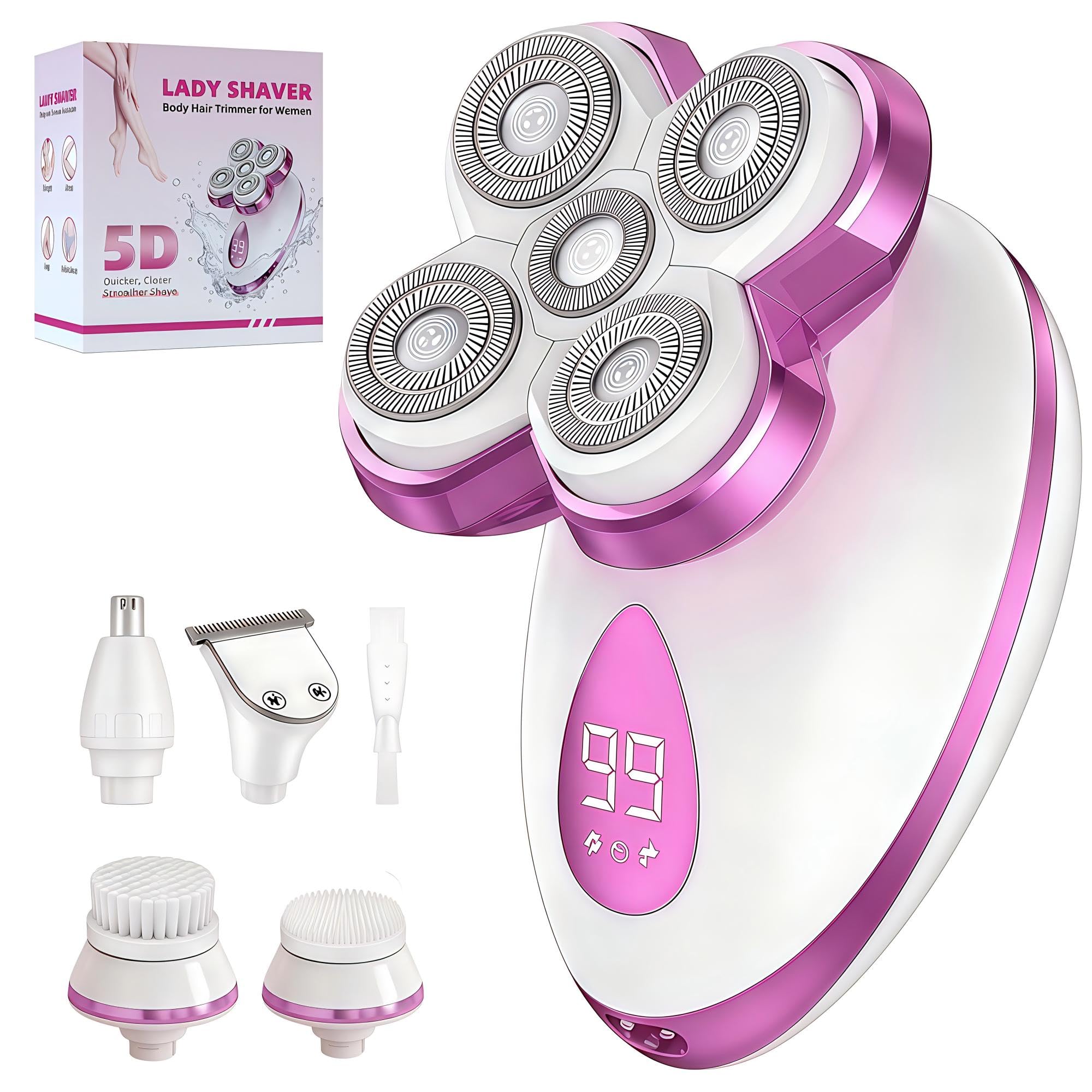 Afeitadora eléctrica para mujer, maquinilla de afeitar 5 en 1 húmeda y seca, removedor de vello recargable sin dolor con pantalla LED para piernas, axilas, cuerpo, aseo facial con recortador de nariz