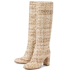 Womens Knee High Boots Almond Toe Straight Boots Pull-on Chunky Thigh Boot Boucle Tweed Fashion Fall Winter Block