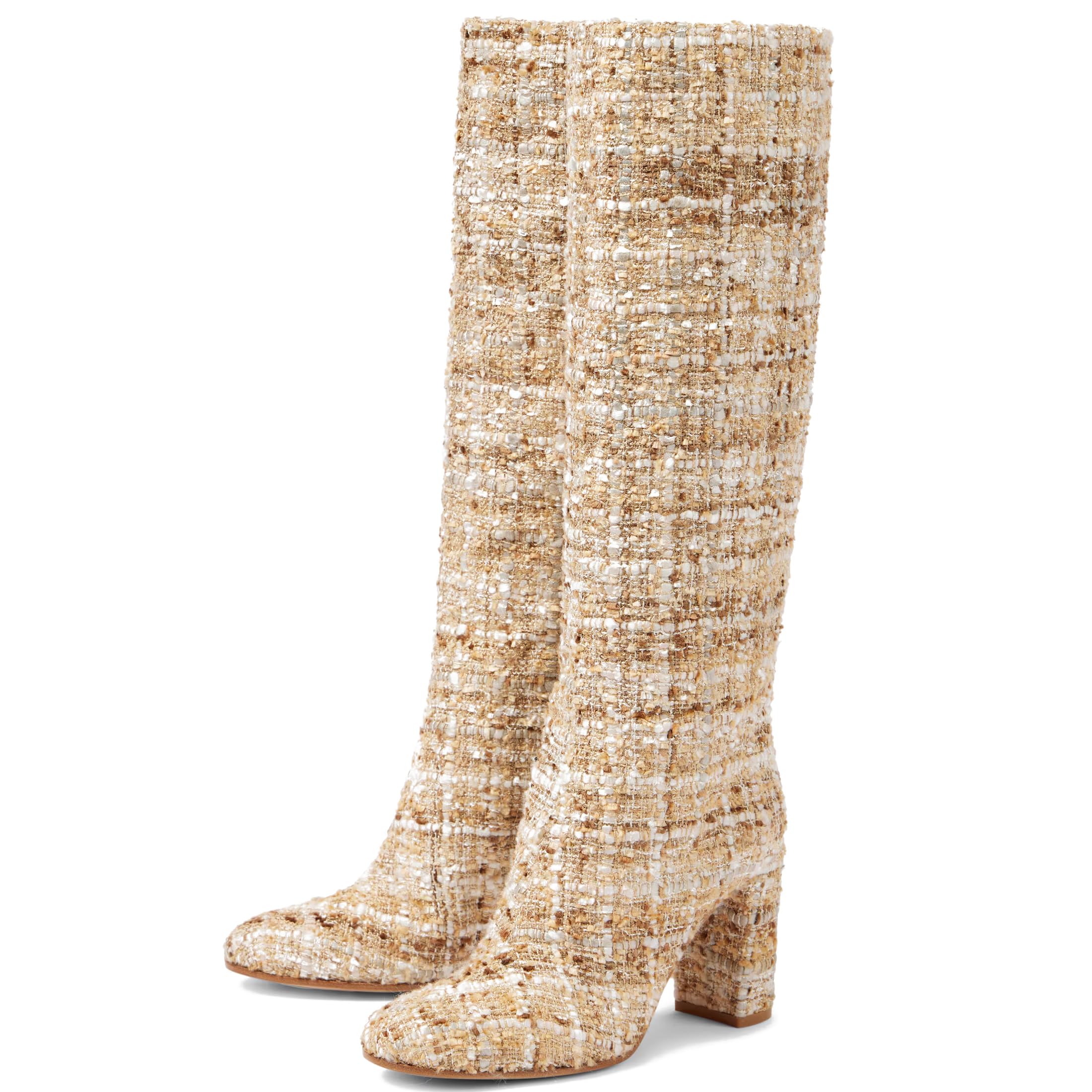 Womens Knee High Boots Almond Toe Straight Boots Pull-on Chunky Thigh Boot Boucle Tweed Fashion Fall Winter Block