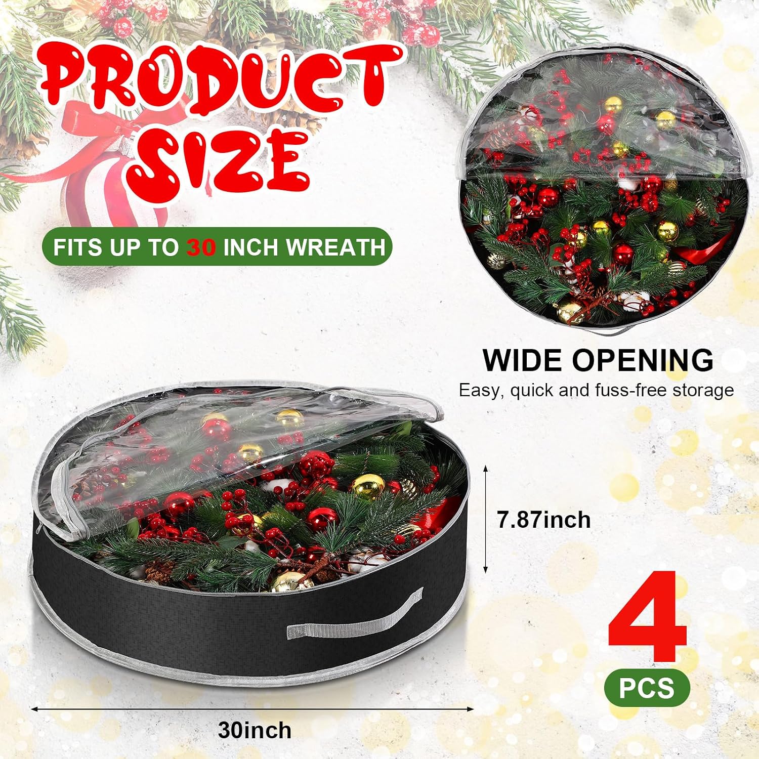 Aliceset 4 Pack Wreath Storage Containers, Ornament Garland Wreath Storage Bags with Handle Zipper Decorative Storages Box for Christmas in July Wreaths(30 x 30 x 7.8 Inch,Black)