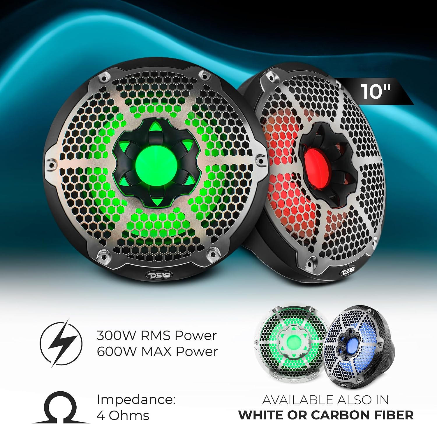 DS18 NXL-10SUB/BK Hydro 10" Marine Subwoofer with Integrated RGB LED Lights – 600W Max, 100% UV Stable, IP65 Waterproof, 4 Ohms - for All Elements, Boat, UTV, ATV & Jeeps (1 Speaker)