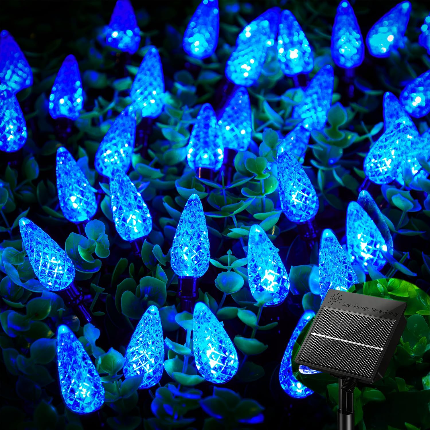 Brightown Blue Solar Operated C6 Strawberry String Lights, 22.64ft 50 LEDs Blue LED Christmas Fairy Lights, Solar Christmas Lights Outdoor, Christmas Decorations for Christmas Tree, Garden Decor