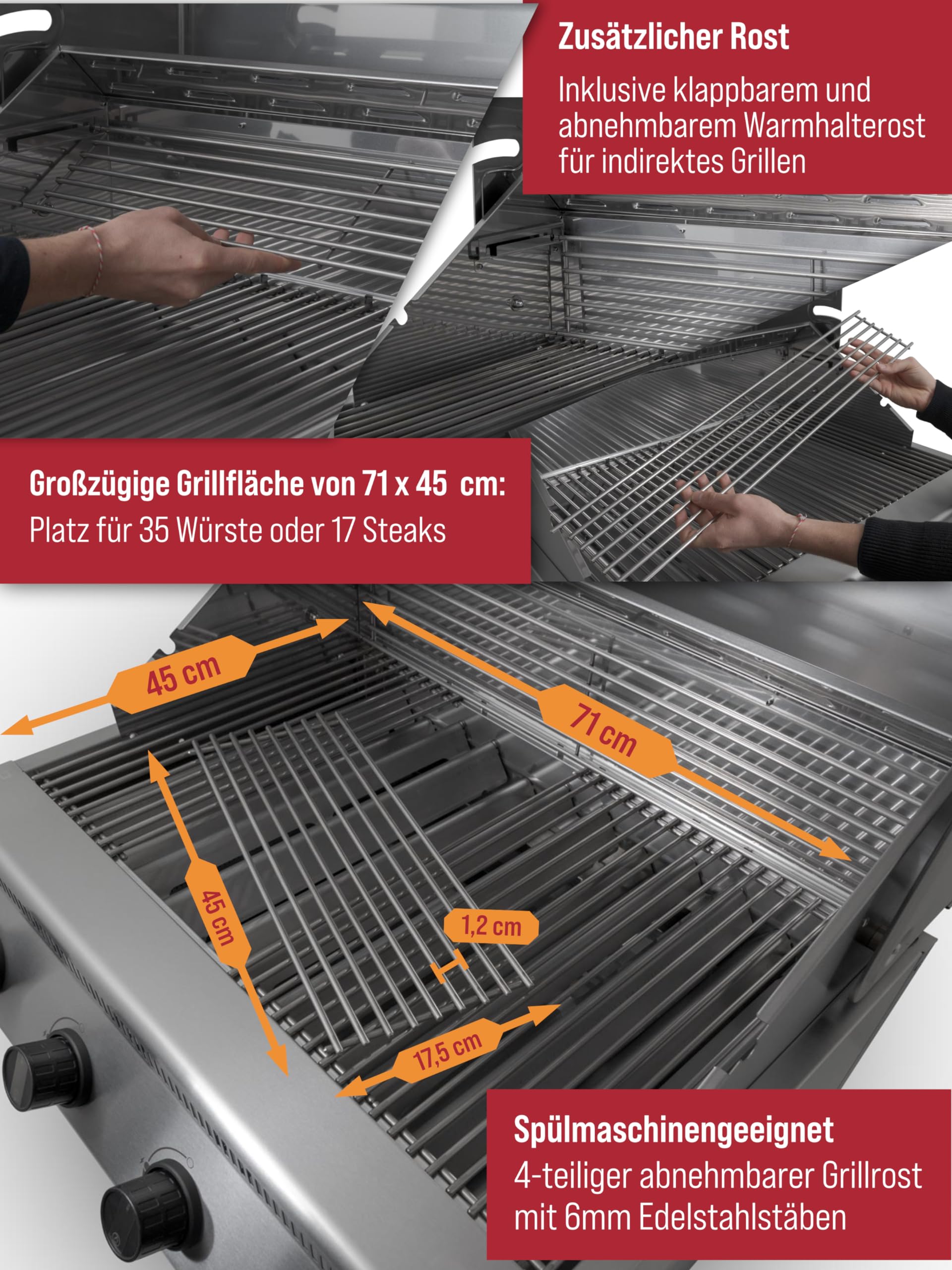 Einbau Gasgrill "Hermann XL - Classic" Einbaugrill mit Deckel für Outdoor Küche Grillküche – Gasgrill 100% aus Edelstahl – Fettwanne mit Frontauszug – 4x5kW Brenner – Made in Germany