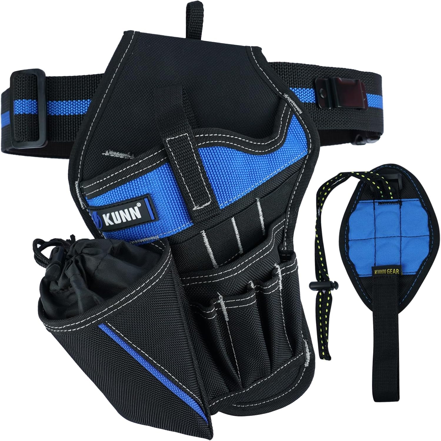 KUNN 3-in-1 Left-handed Drill Holster Set with Tool Belt and Magnetic Wristband, Cordless Drill Holster, Impact Driver Holster with Bit Pouch,Drill Holder for Tool Belt, Black and Blue