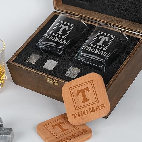 Miniatura 5 de Juego de regalo de vasos de whisky personalizados con caja de madera grabada y piedras de whisky - Cristalería de whisky personalizada para hombres