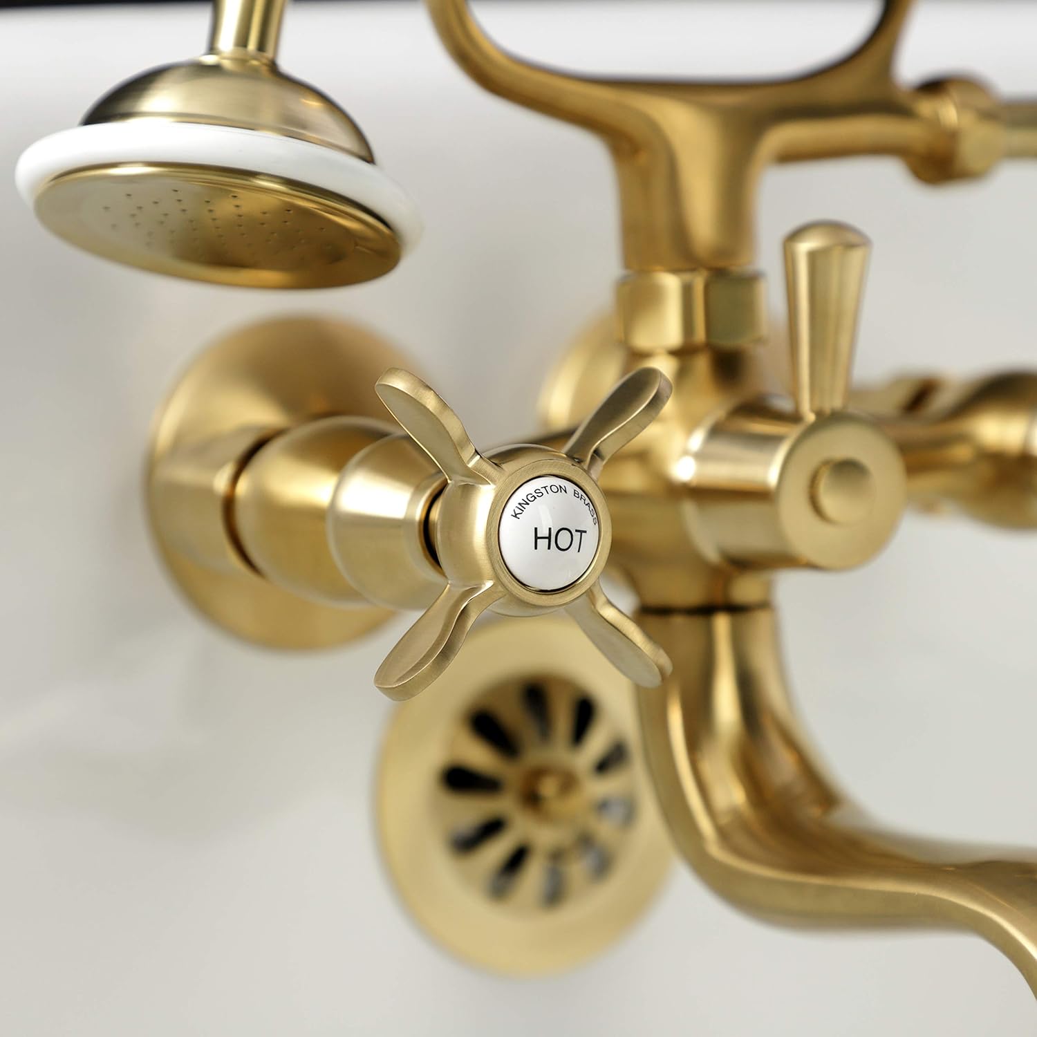 Kingston Brass KS245SB Essex Wall Mount Clawfoot Tub Faucet with Hand Shower, Brushed Brass