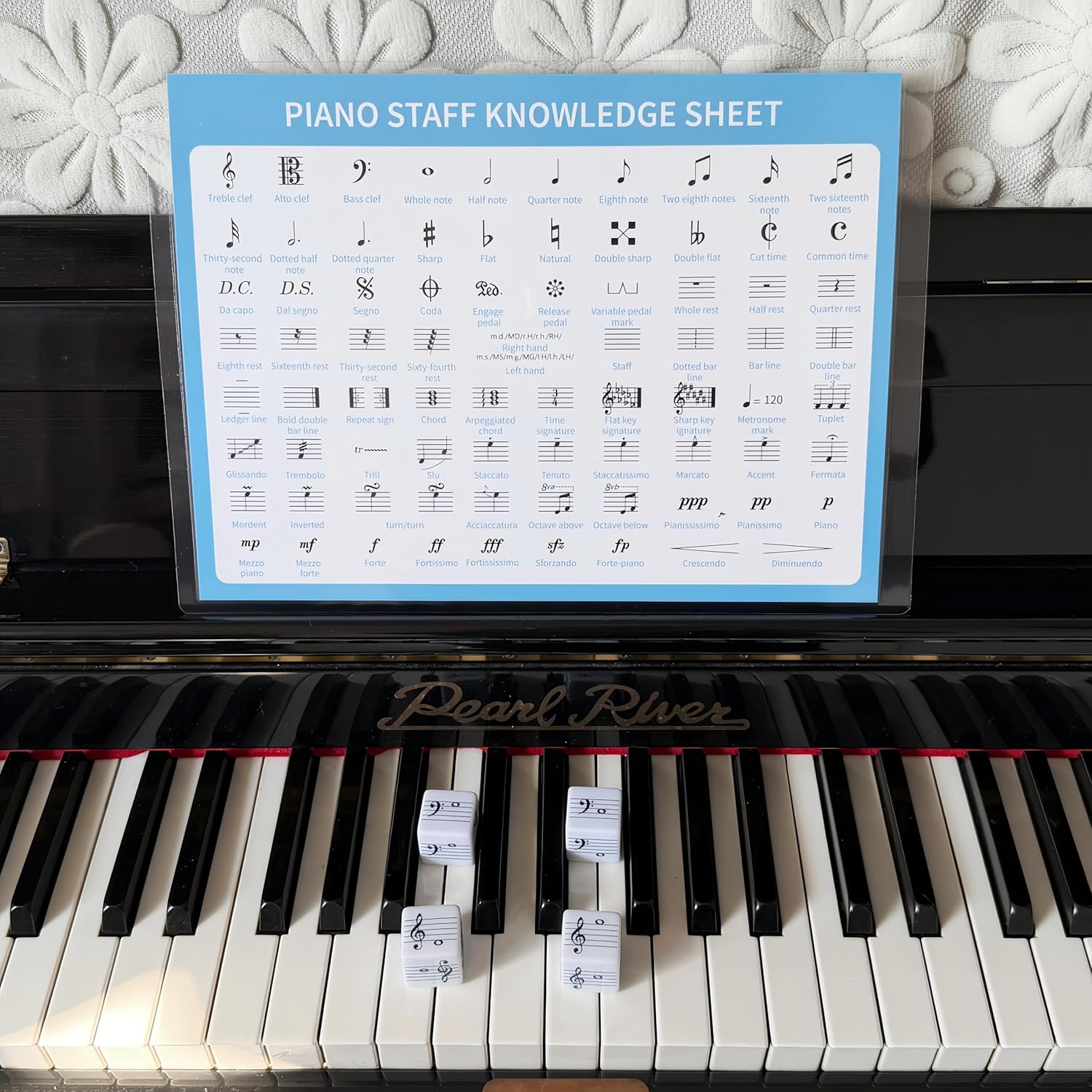 Piano Theory Chart and Large 25mm Music Theory Dice for Beginner Learner Learning Music, Educational Game for Quick Memorization & Fun Learning (4pcs Dice and Piano Theory Chart)
