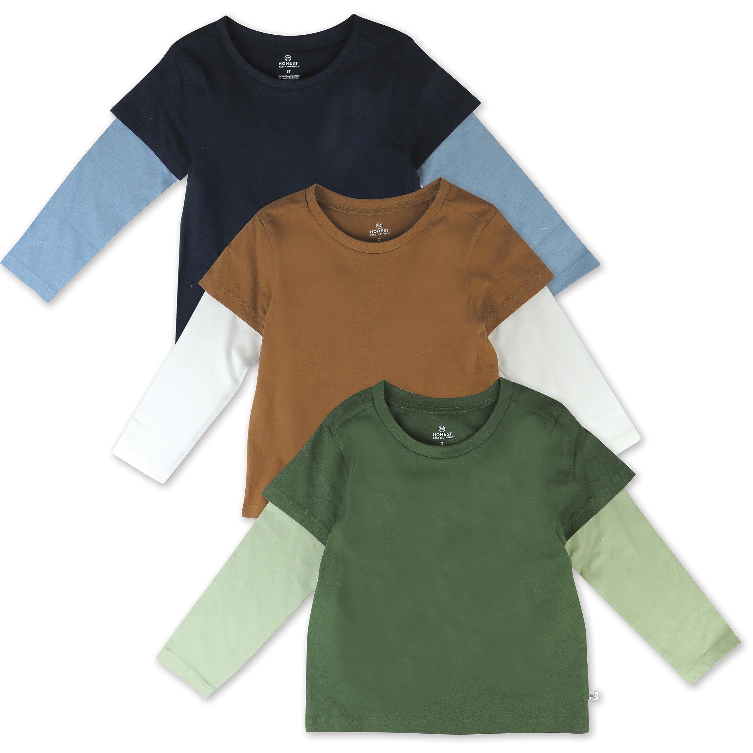 HonestBaby Paquete de 3 camisetas de manga larga 2fer 100% algodón orgánico para niños pequeños, bebés y niños