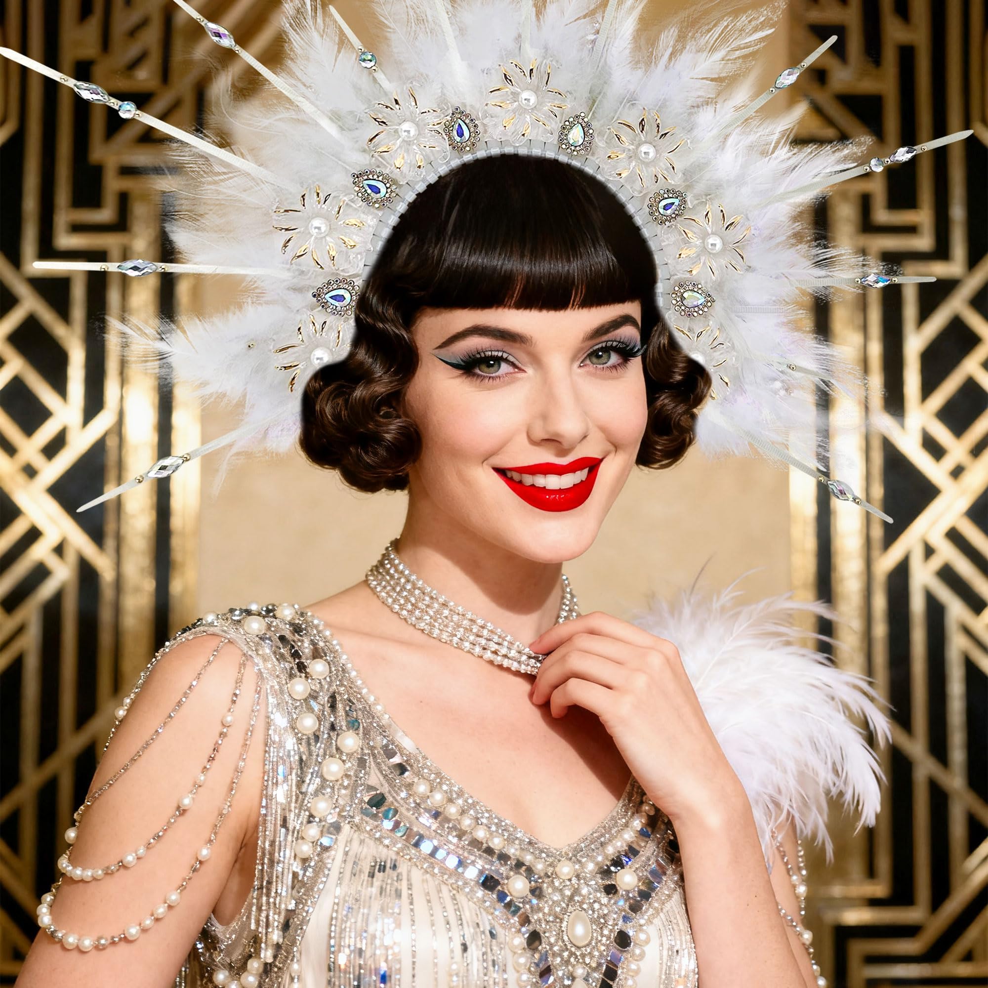 JeVenis White Feather Headpiece 1920s Carnival Accessories Headdress Mardi Gras Rave Festival for Women Flapper Costume Supplies โ image 1