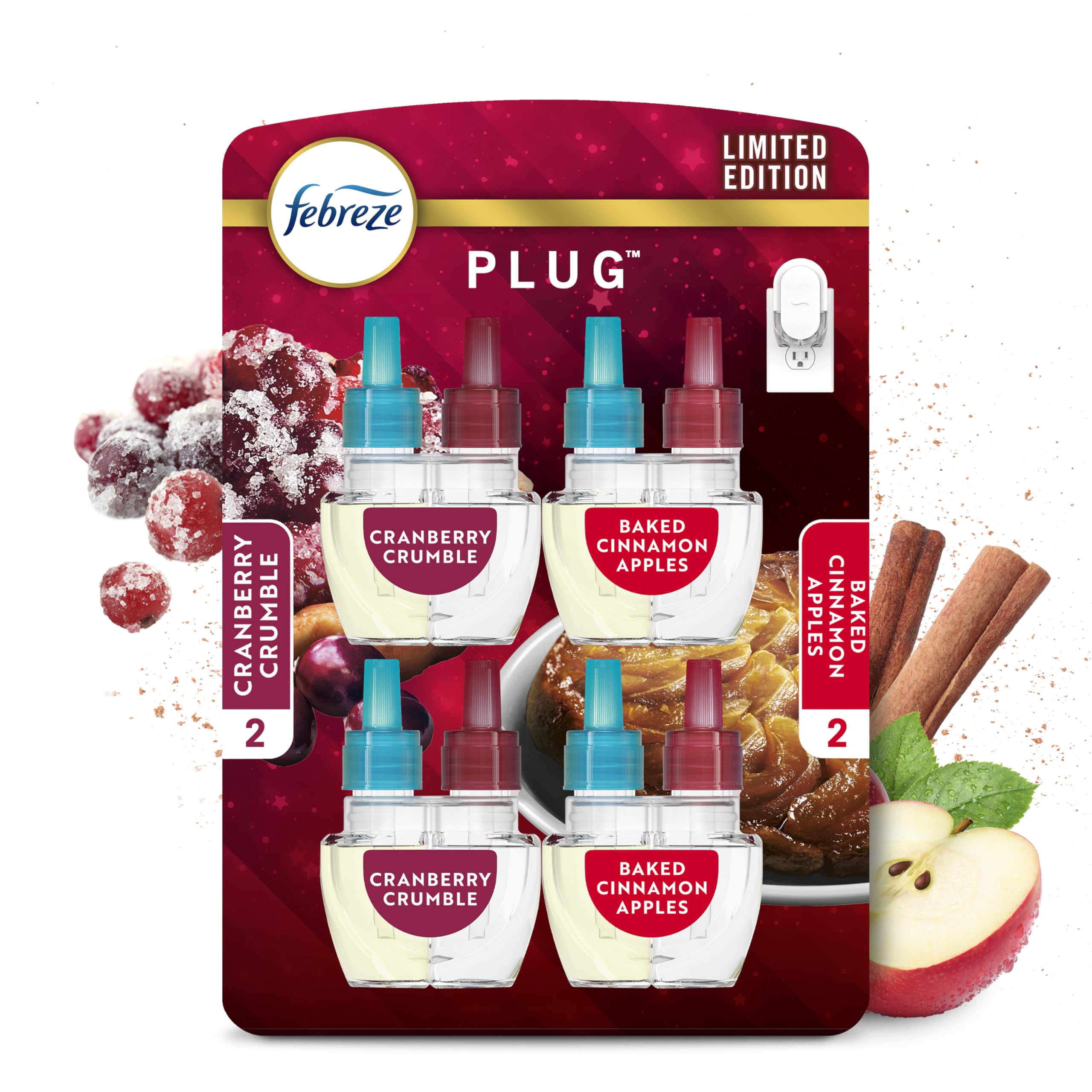 FebrezeOdor-Fighting Fade Defy PLUG Air Freshener Baked Cinnamon Apple, Cranberry Crumble, .87 fl. oz. Oil Refill, 2 of Each