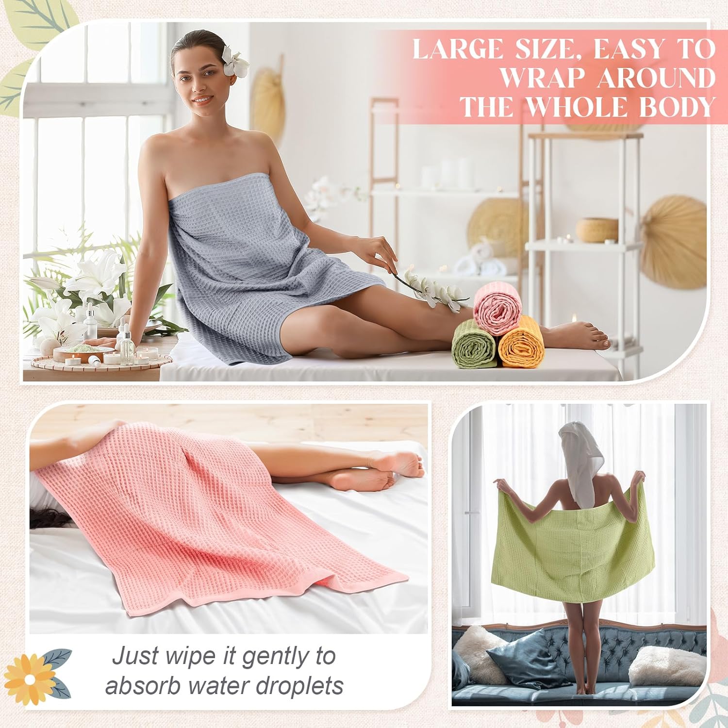 4 Pack Waffle Bath Towels 100% Cotton Oversize Waffle Towel Quick Dry Absorbent Soft Lightweight for Bathroom Shower Blanket Spa Yoga Beach Pool Travel (Colorful,57 x 30 Inch)