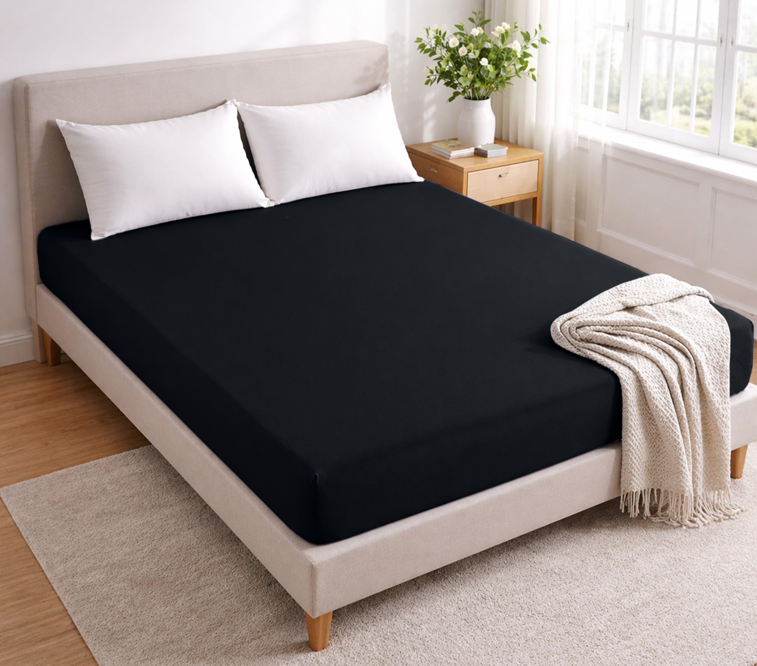 Super King Fitted Sheet Extra Deep Fit 40 cm (16 Inches) Brushed Microfiber Black Superking Fitted Sheet (180x200cm) Hypoallergenic Ultra Soft Bed Sheets - Fade & Wrinkle Resistant