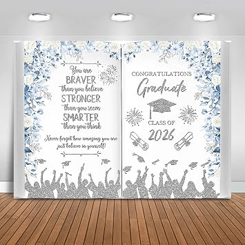 Graduation Backdrop Class of 2026 Party Decorations Background Floral Book Congratulations Graduate Banner Photo Booth Props Blue and Silver, 7x5ft