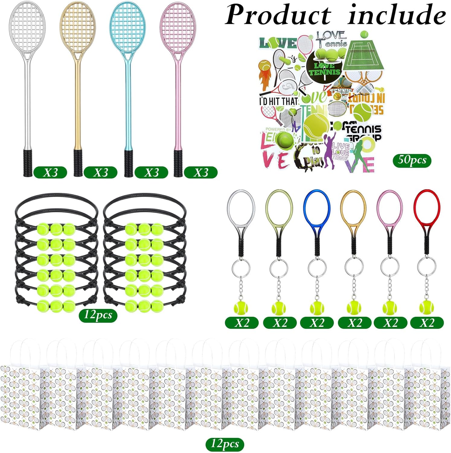 Huquary 98 Pcs Tennis Party Favors, Tennis Party Decorations Includes 50 Stickers 12 Mini Racket Keychain 12 Charm Bracelets Racket Shape Pens Paper Bags
