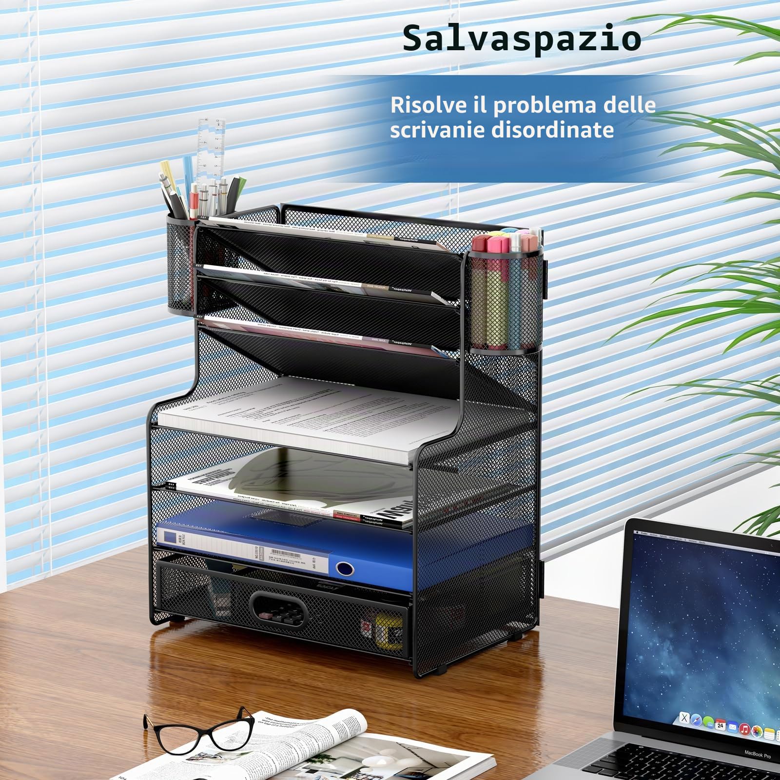 TQVAI Organizer Scrivania, 7 Ripiani Metallo Portadocumenti da Scrivania Portariviste Organizer Documenti A4 con Cassetti e 2 Portapenne per Scuola Cancelleria, Casa, Ufficio, Nero
