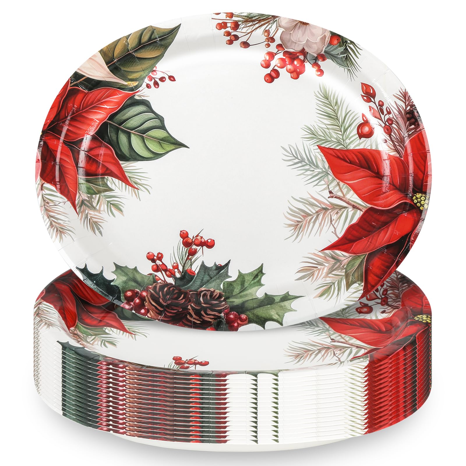 Juego de vajilla ovalada de Pascua de Navidad para 25 invitados, platos y servilletas desechables de papel floral rojo de Navidad, 50 piezas