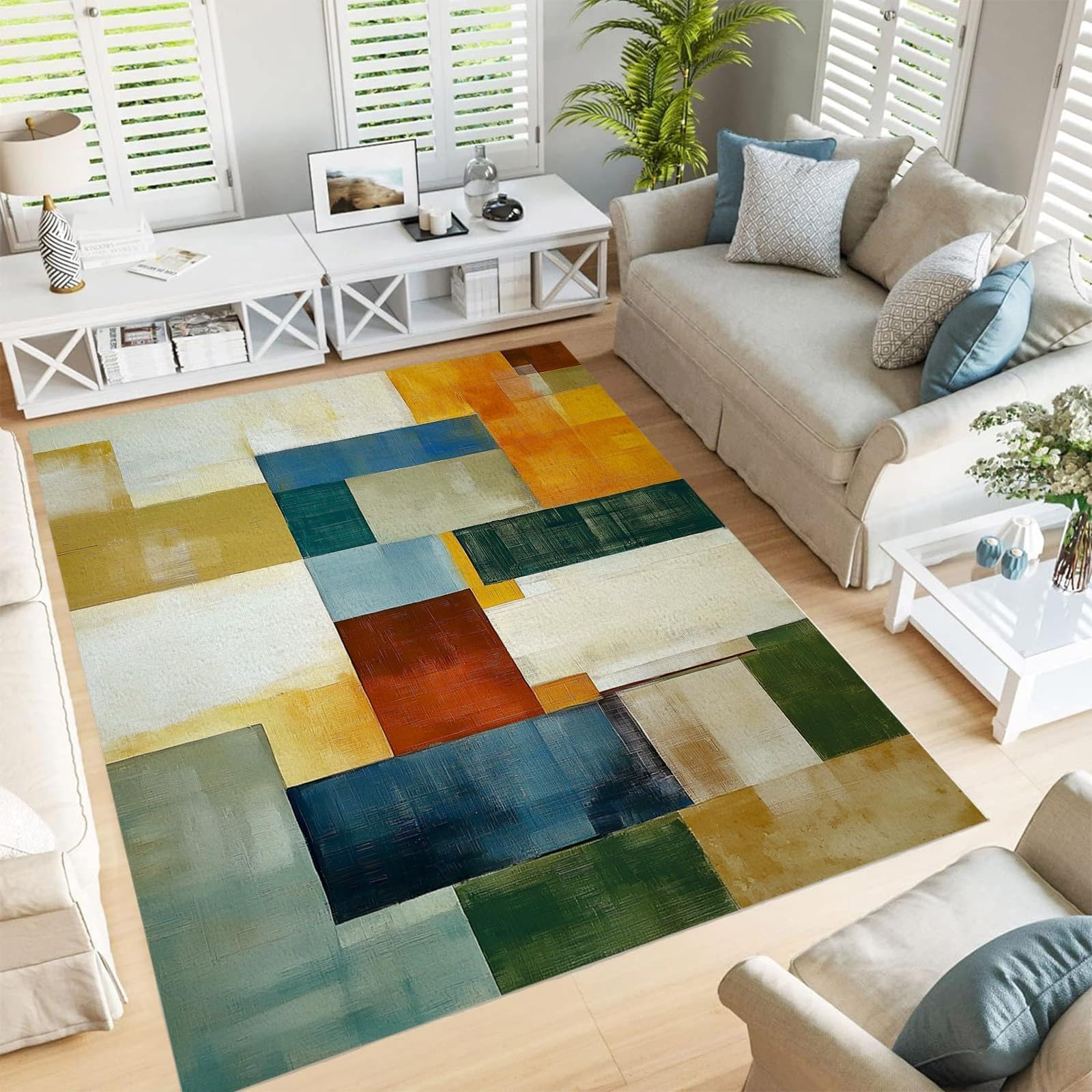 Farbblock Teppich Wohnzimmer 200x200cm Modern Waschbar Großer Geometrischer Teppich Schlafzimmer, Blaue und Grüne Quadrate Weich Kurzflor rutschfest Teppiche für Esszimmer Türrahmen Flur