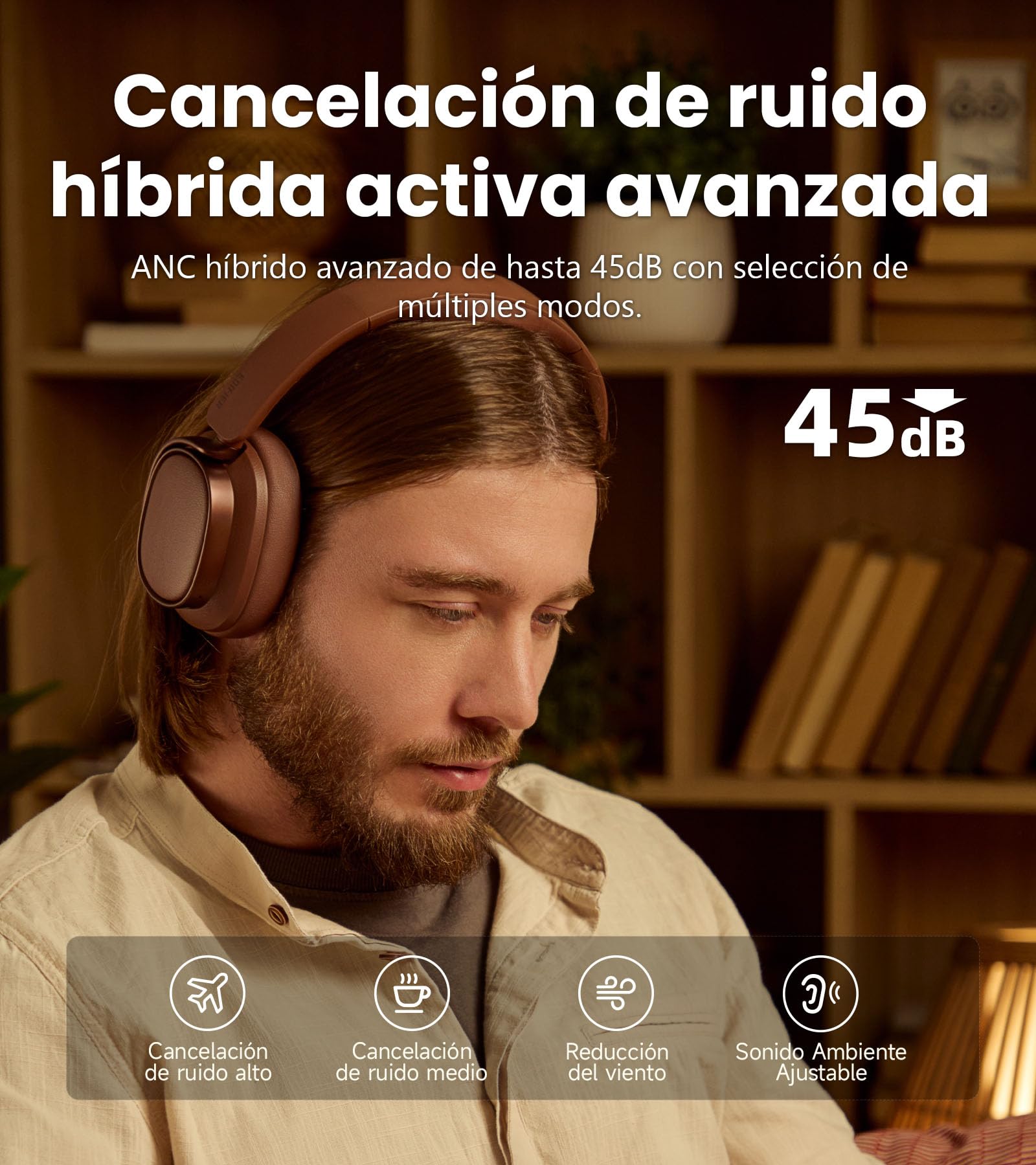 Edifier ES850NB Auriculares Inalámbricos con Cancelación de Ruido, LDAC, Audio Alta Resolución, Bluetooth 5.4, Multipunto, Control Táctil, hasta 92H Reproducción - marrón