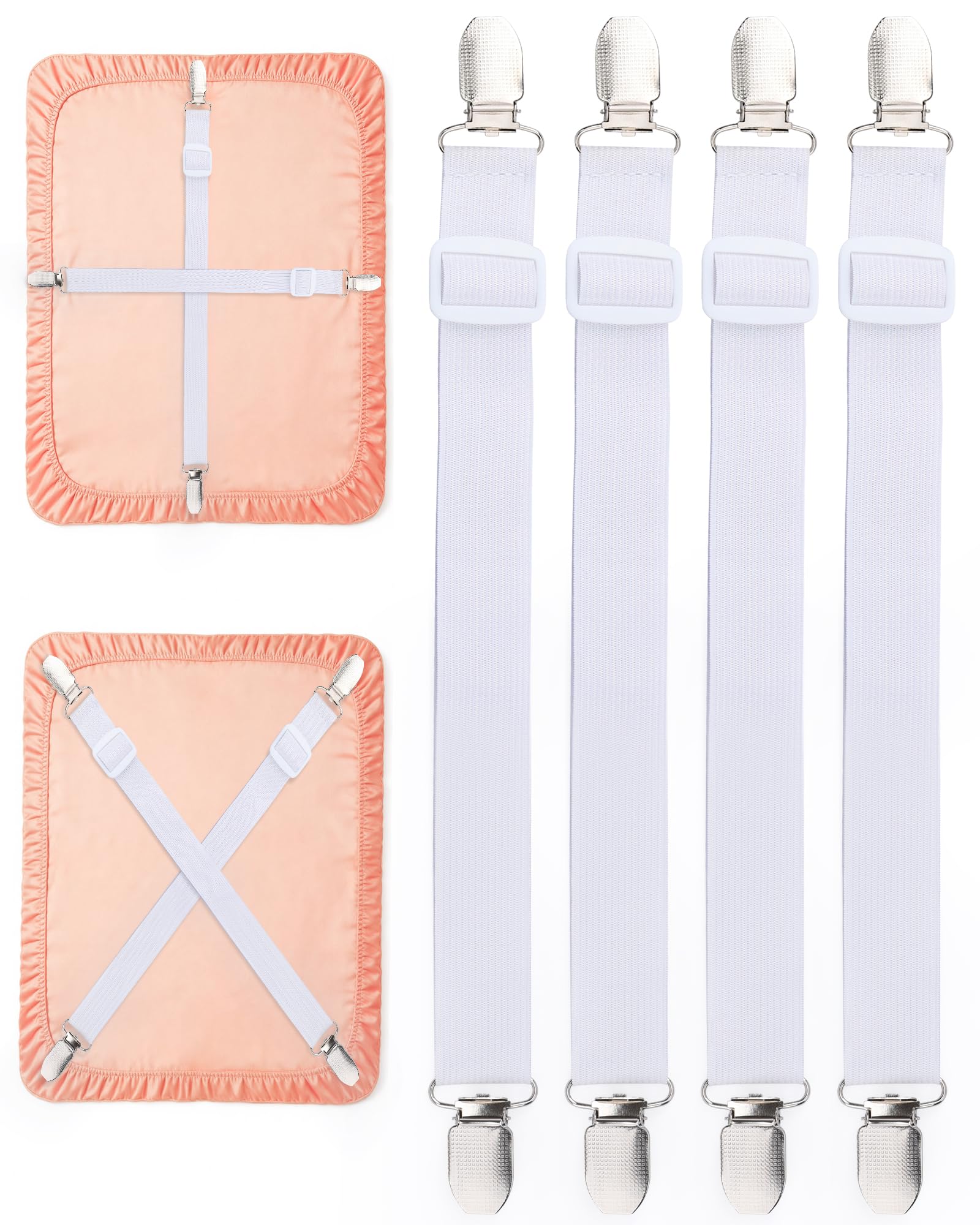 Acual Bed Sheet Clips, 4PCS 60 cm-250 cm Adjustable Bed Sheet Straps Elastic Sheet Straps Suspenders Clips for Bedding, Fitted Bed Sheet Grippers to Keep Your Sheets in Place, White