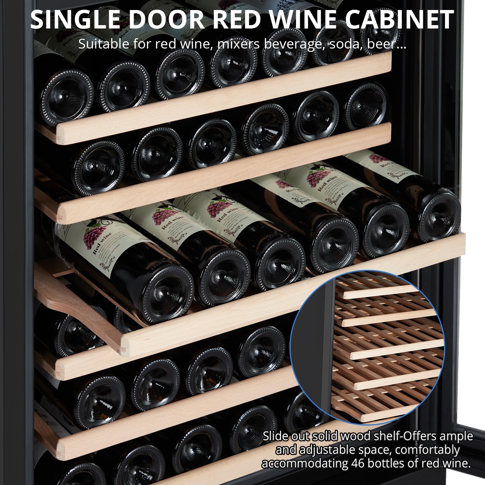 Garveehome Wine Cooler, 46 Bottle Freestanding Or Built-In Metal Design, Wine Fridge, Single Zone Dual Temperature Wine Fridge For Red, White And Champagne With Adjust Temperature, Black on Fridge.com - View 6