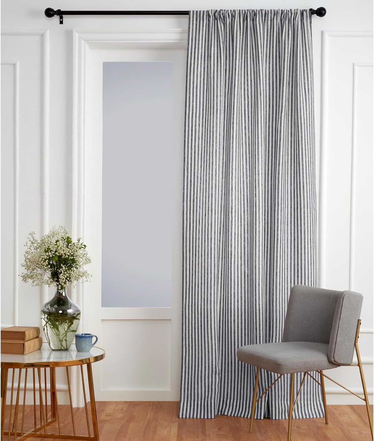 Solino Home Stripe Linen Curtain 84 Inches - 100% Pure Linen Black and White Light Filtering Rod Pocket Curtain 52 x 84 Inch - Window Treatment Panel for Living Room, Bedroom - Amalfi Stripe