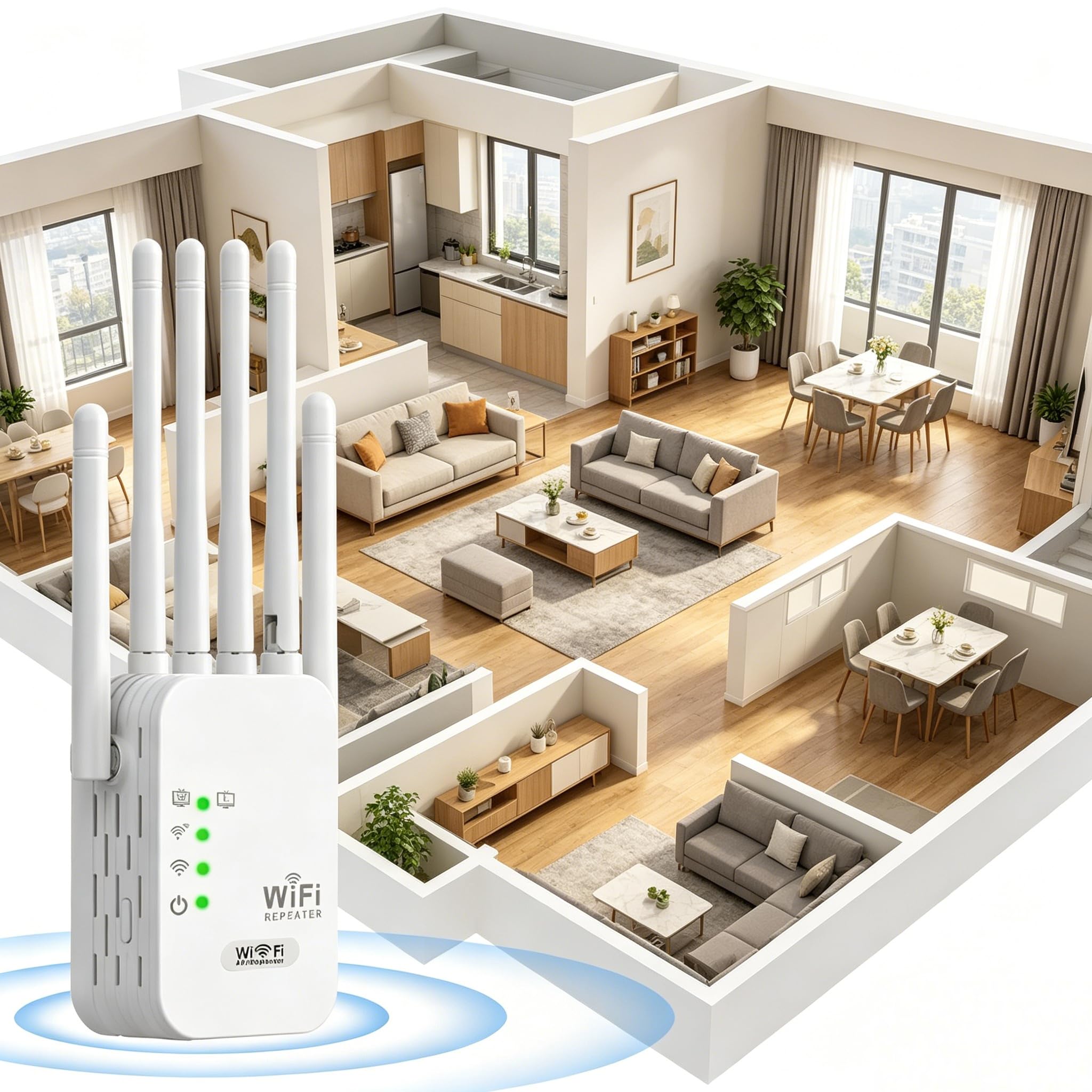 Répéteur WiFi Puissant, 1200 Mbps amplificateur WiFi de dernière Technologie avec6 antennes Couvrant Une superficie de10 000 m²,2 Ports LAN,répéteur WiFi pour la Maison et Le Bureau（Blanc）