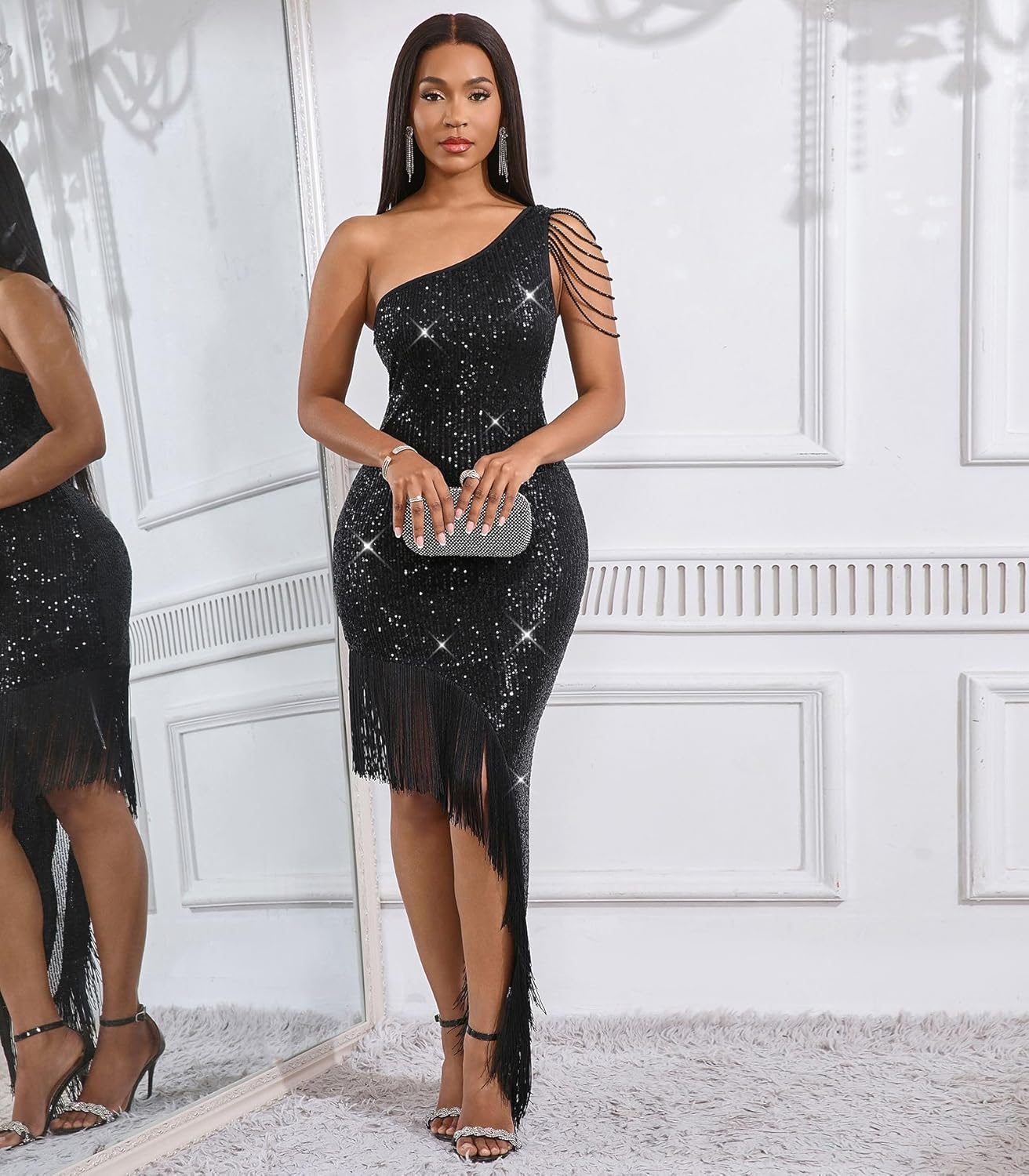 Cololura Women Sequin Elegant Sexy Tassels One Shoulder Mermaid Bodycon Cocktail Evening Midi Party Formal Dress - Image 3