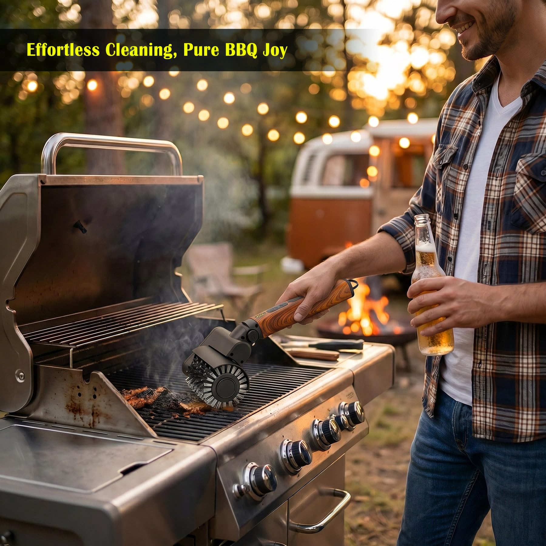 Cepillo eléctrico para barbacoa con batería, cabezal ajustable a 90°, motor de 3 niveles, 150 minutos de autonomía, resistente al agua, cabezales de cepillo para parrilla, ahumador, plancha