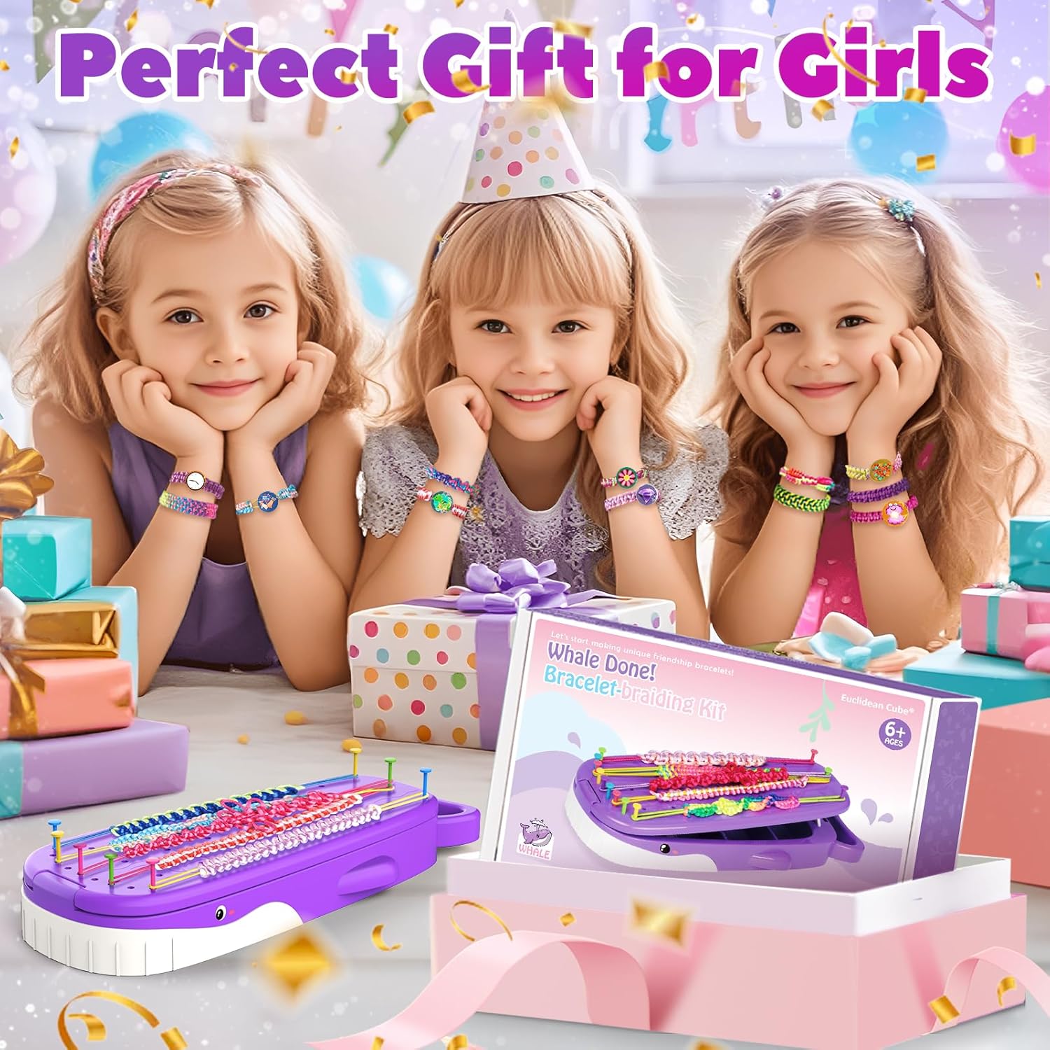 Euclidean Cube Friendship Bracelet Making Kit for Girls, Purple Whale Shaped Jewelry Making Kit for Girls Ages 8-12, DIY Arts and Crafts String Maker Tool, 7 8 9 10 11 12 Years Old Girl Birthday Gift