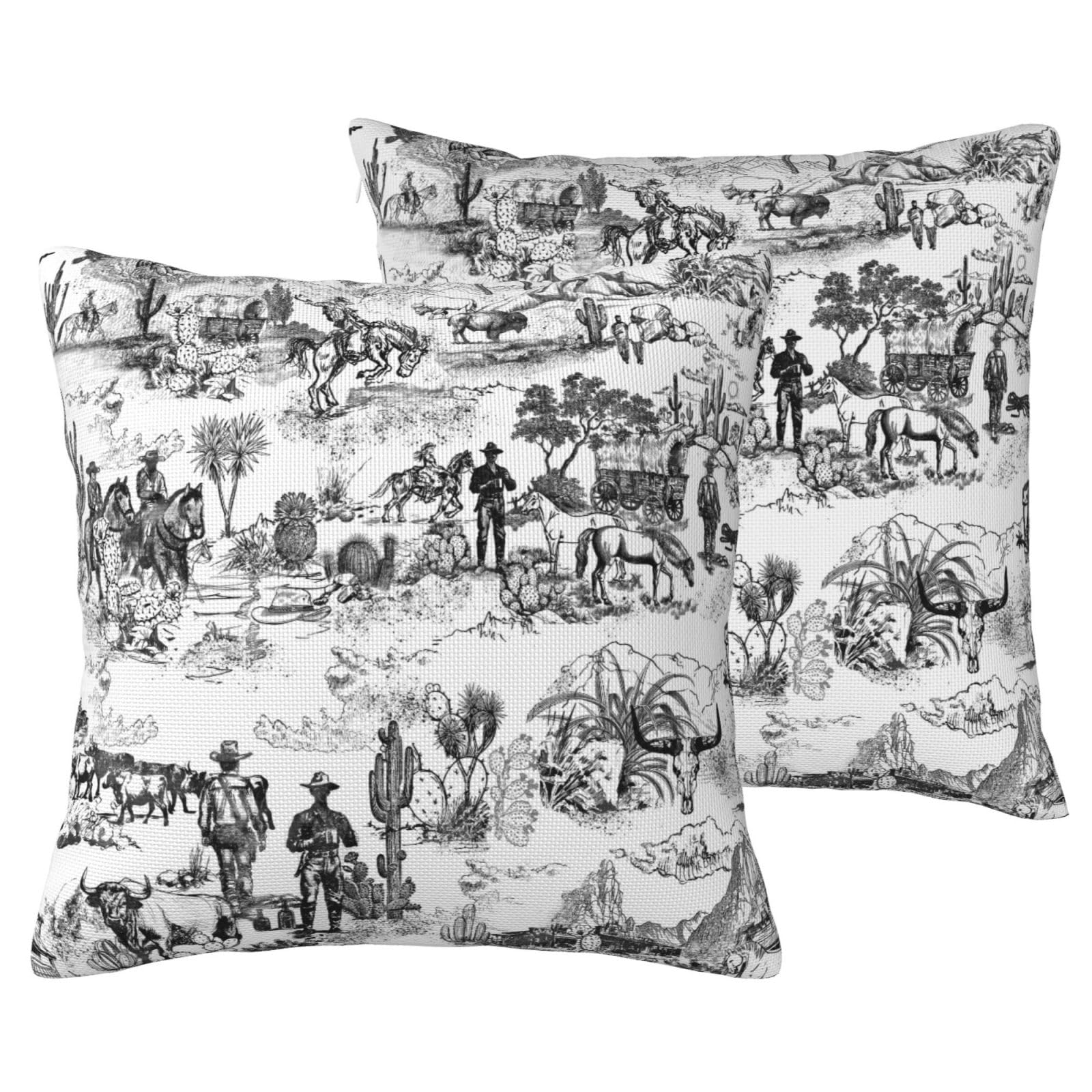 LOHDALOLF Waterproof Cushion Covers 50x50 cm Set of 2 Black Toile Western Cushion Cases Cowboy Decorative Pillow Covers for Summer Outdoor Patio Garden Sofa Couch