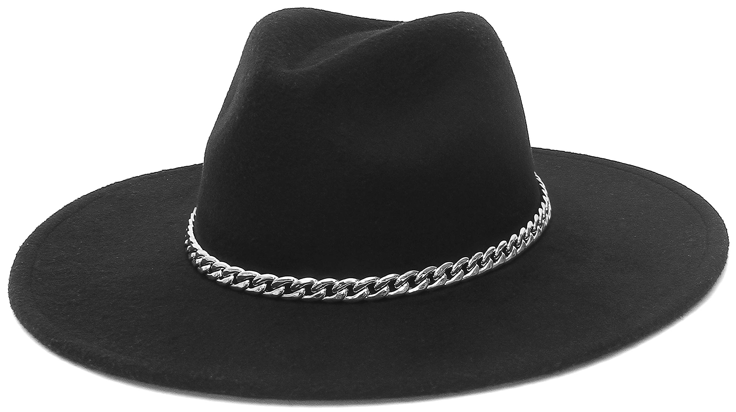 EOZY Women's Elegant Large Brim Fedora Hat Metal Chain Coolgirls Panama Jazz Hat Church Derby Hat/Black