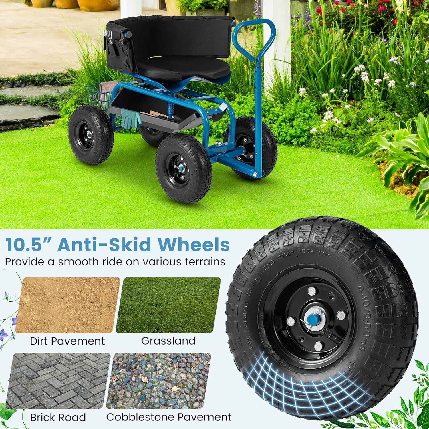 IRONMAX Garden Cart with Seat, Gardening Rolling Stool Scooter with All-Terrain Wheels, Adjustable Steering Handle & Removable Cushion for Planting, Outdoor Gardening Work Seat for Patio, Yard (Blue)