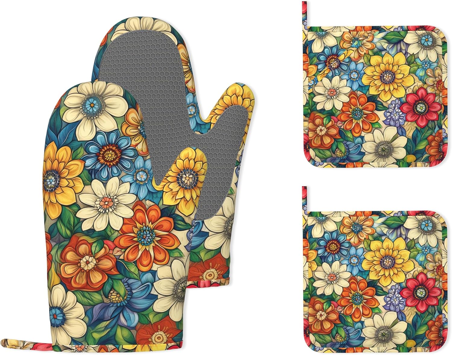 Flower Heat-Resistant Silicone Oven Mitts and Pot Holders,Cute Mandala Floral Long Oven Gloves with Non-Slip Grip for Cooking, Baking, Grilling,BBQ
