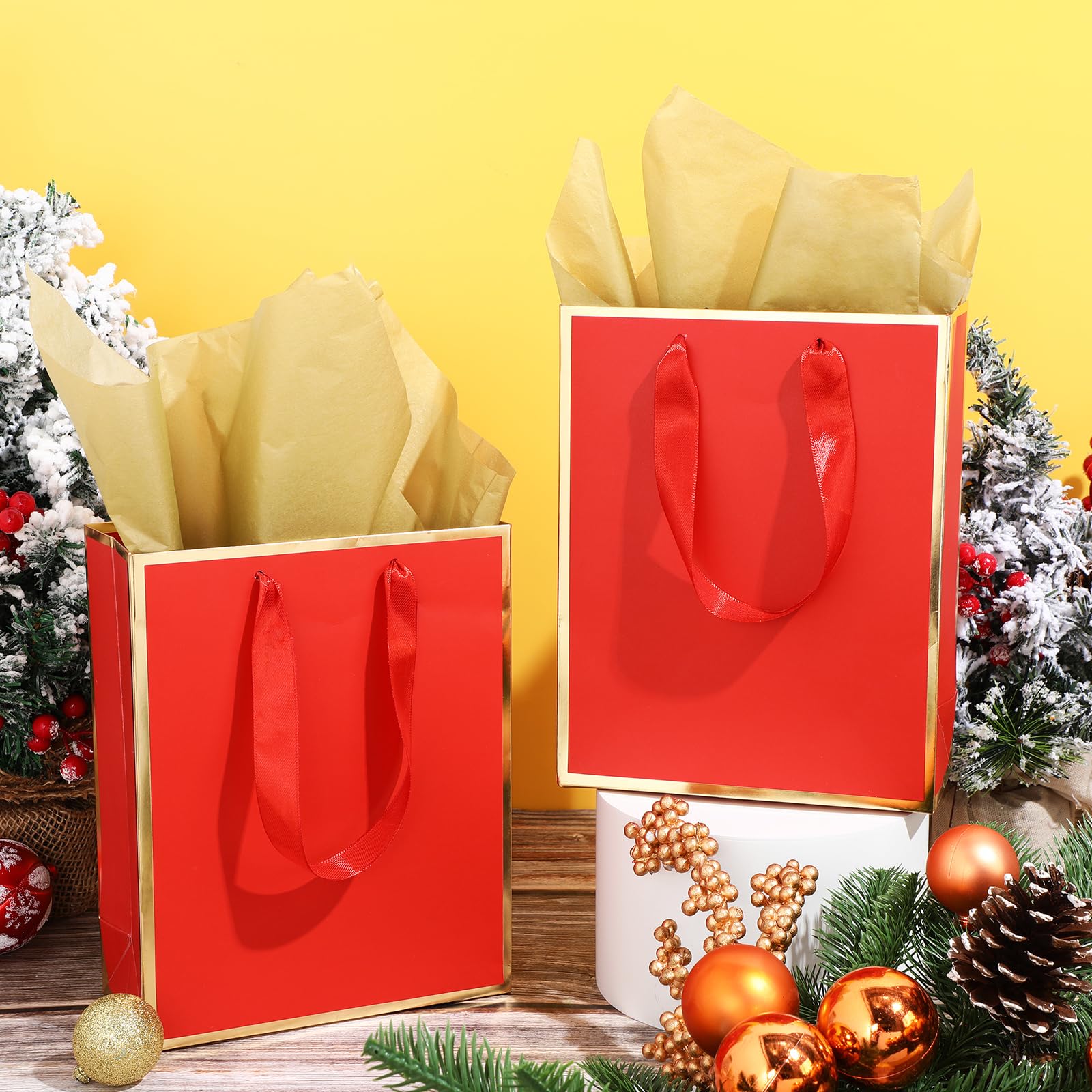 Yeaqee 24 Pack Metallic Paper Gift Bags with Handle and Tissue 9x7x3.1 Gold Foil Welcome Thank You Favor Bags Return Gifts for Wedding Graduation Bridesmaid Groomsmen Birthday(Red Gold)