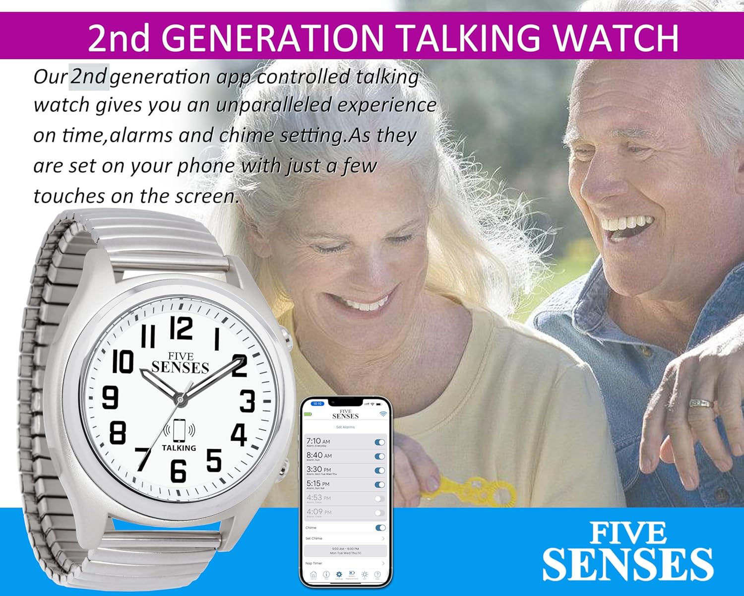 FIVE SENSES Smart Atomic Talking Watch with Voice Reminders and App Control for Seniors and Visually Impaired - A Great Gift for Blind Men and Women, Talking Watches for The Blind