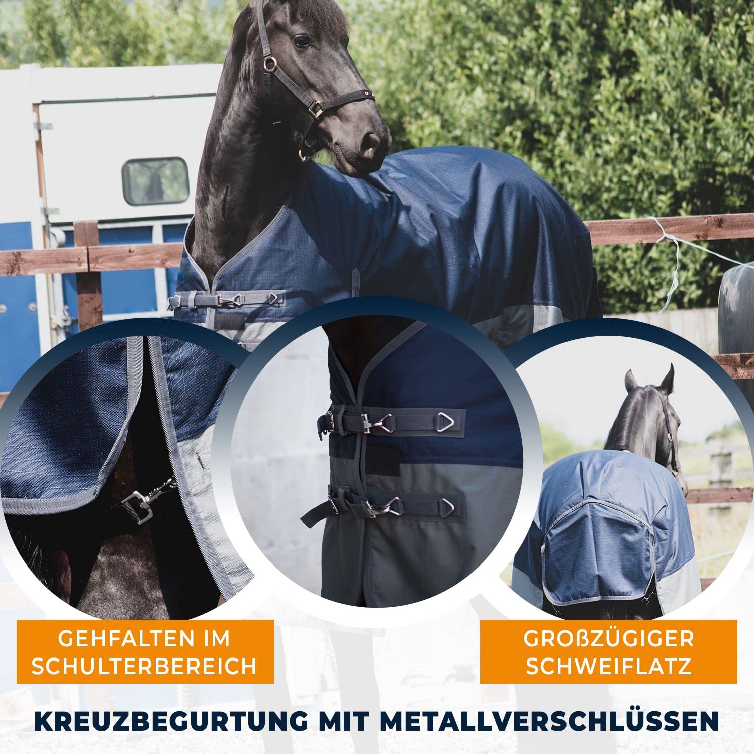 Equitack 1200D Winterdecke Pferdedecke, 145cm | 100g Regular Regendecke Pferd mit Fleece | wasserdichte Outdoordecke Pferd | Navy/Grau