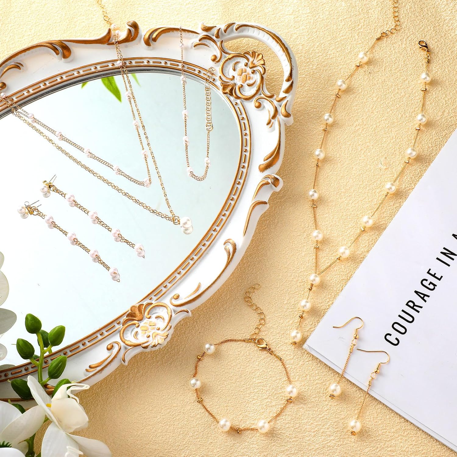 Quelay 9 Pcs Gold Pearl Jewelry Set for Women Includes Gold Plated Pearl Necklace, Drop Earrings, Bracelet for Wedding Bride Jewelry Gift