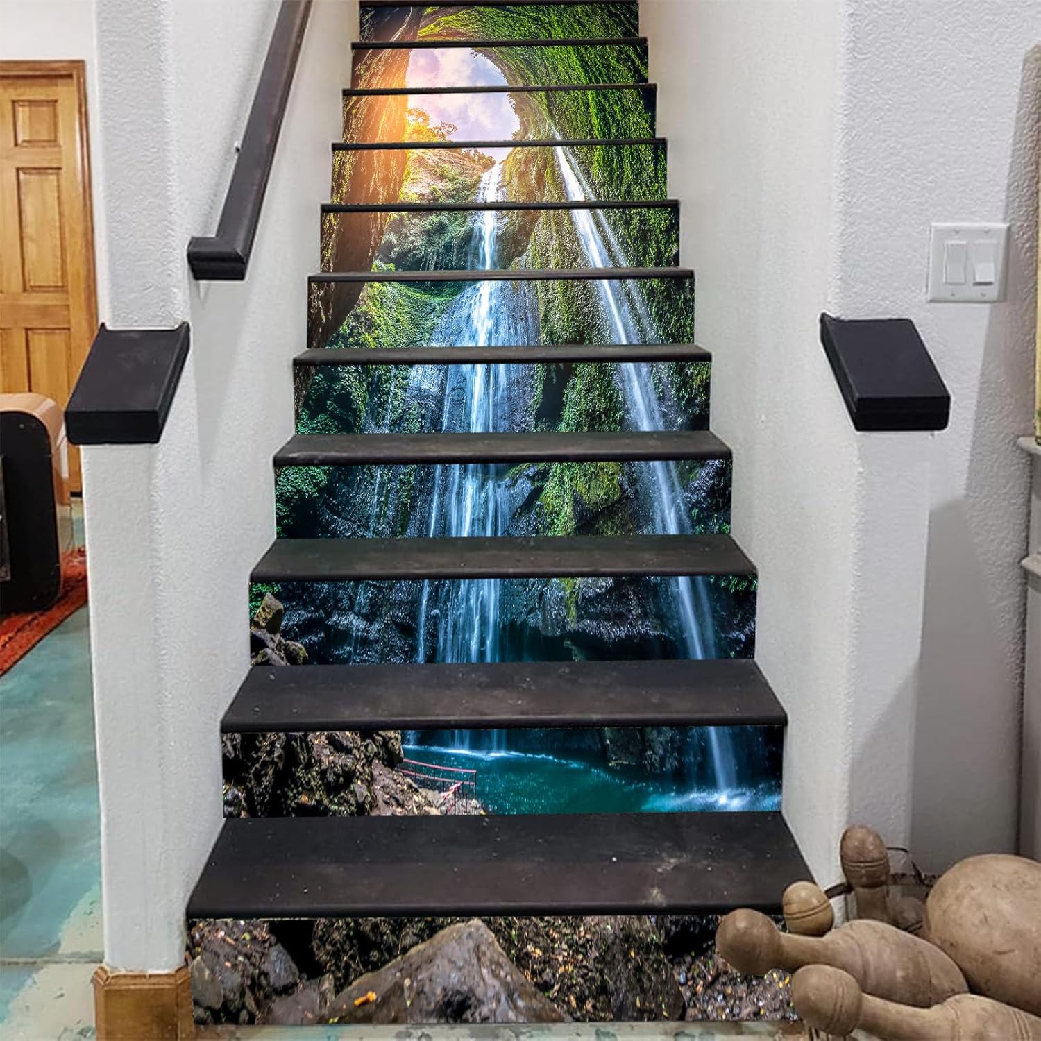 artfanke 15 pcs 3D Jungle Forest Waterfall Peel and Stick Stair Stickers- Self-Adhesive Stair Riser Stickers- Stair Decals for Home Office School Decor 39.37" x 7.08"