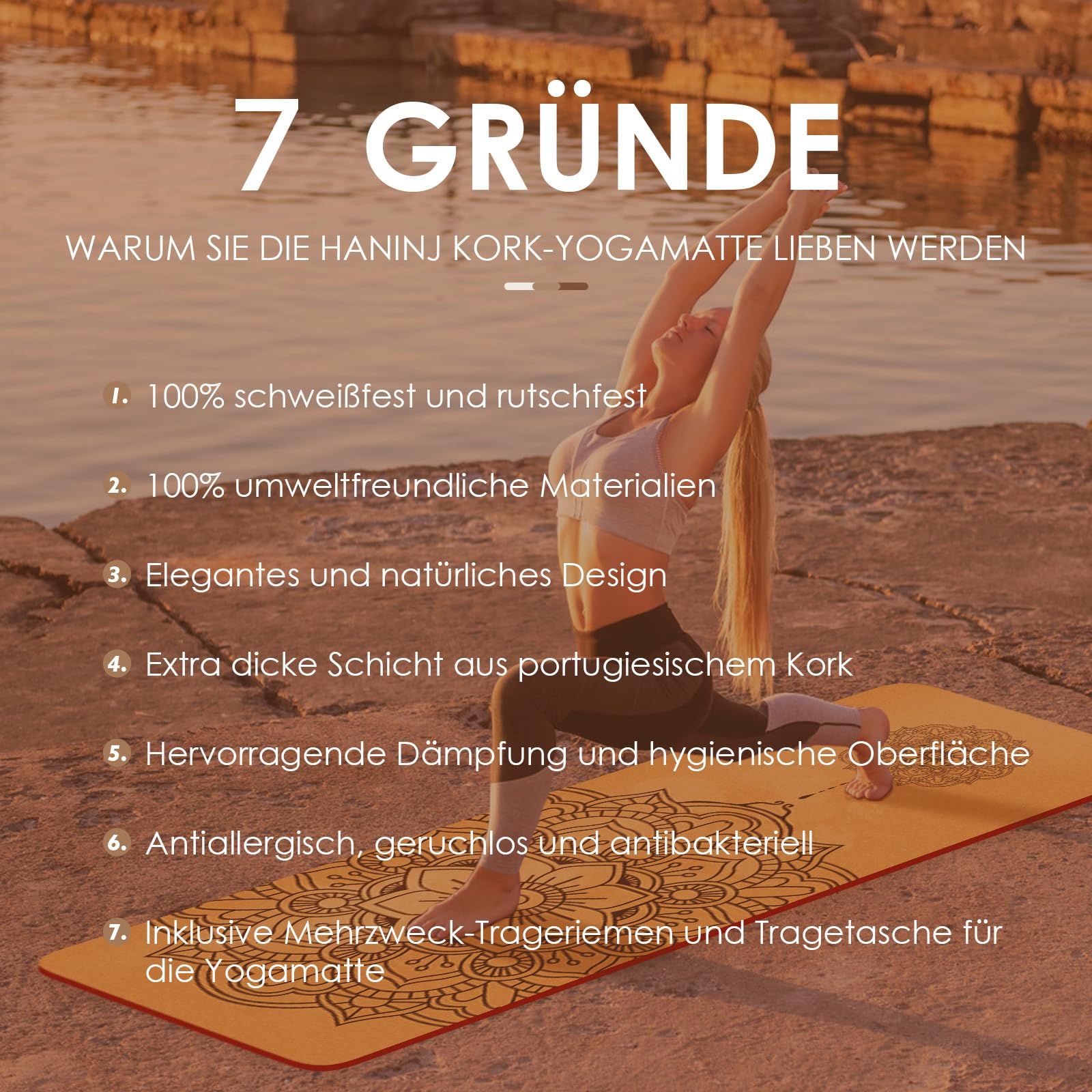 Yogamatte Kork – Rutschfeste Yoga Matte, Einzigartiges Design, Naturkautschuk TPE Gymnastikmatte, Trainingsmatte mit Tragetasche & Gurt, für Zuhause, Pilates, Aerobic Fitnessstudio und Workout